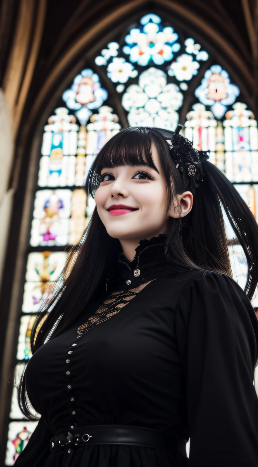 Gothic lolita、from below,a smile、⦅Colossal tits:1.2⦆,⦅Skin revealing⦆、Breast Pulling Pose、absolutely outstanding image, very extremely beautiful、masterpiece, top-quality,a picture, kawaii、8K、In the church of Gothic architecture