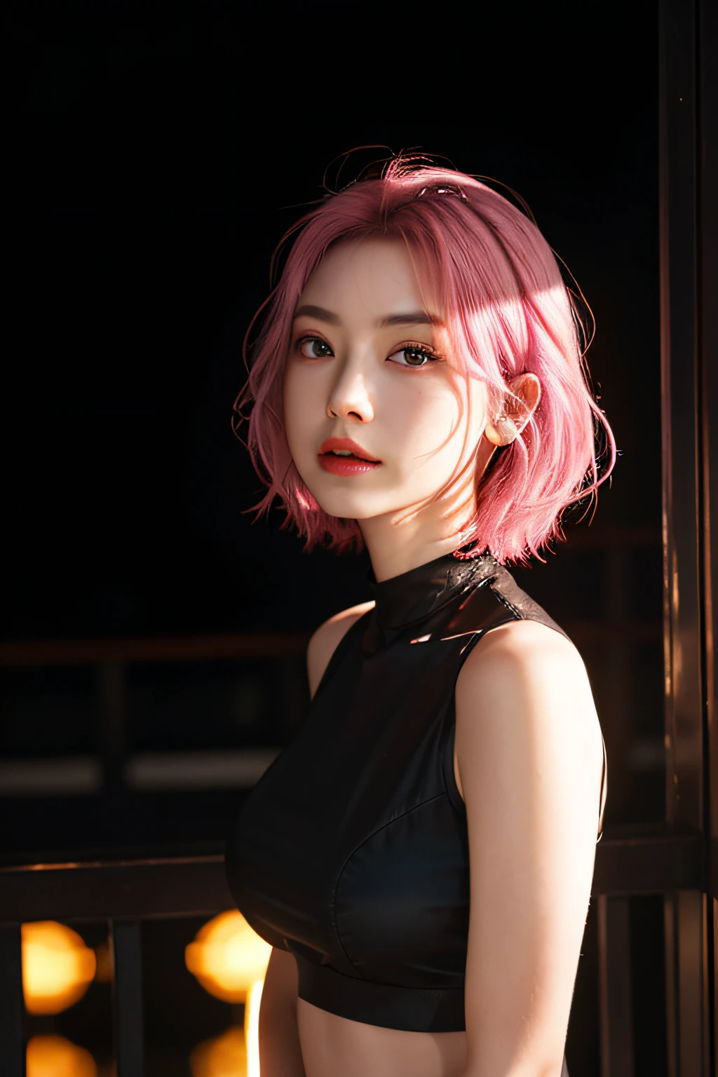 Ultra-realistic 8K CG,s the perfect face,flawless perfection,Ren,tmasterpiece,professionalartwork,famousartwork,s the perfect face,beauitful face,beautidful eyes,((Perfect female body)),独奏,(ring:1.2),(immersiveatmosphere,lightand shade contrast:1.5,Bright light:1.2,lumnious),,(Blushlush:0.5),Enchanting expression,Ultimate detail_The eye,Coarse and hard,mideum breasts,Exquisite background,depth of fields,photorealestic:1.3,Faraway view,1girll,,Combat posture,full bodyesbian,(ambient lights:1.3),(cinematic compositions:1.3),(neonlight:0.1),(hdr:0.1),emphasis lighting,Black shorts,A pink-haired,,Black short sleeves