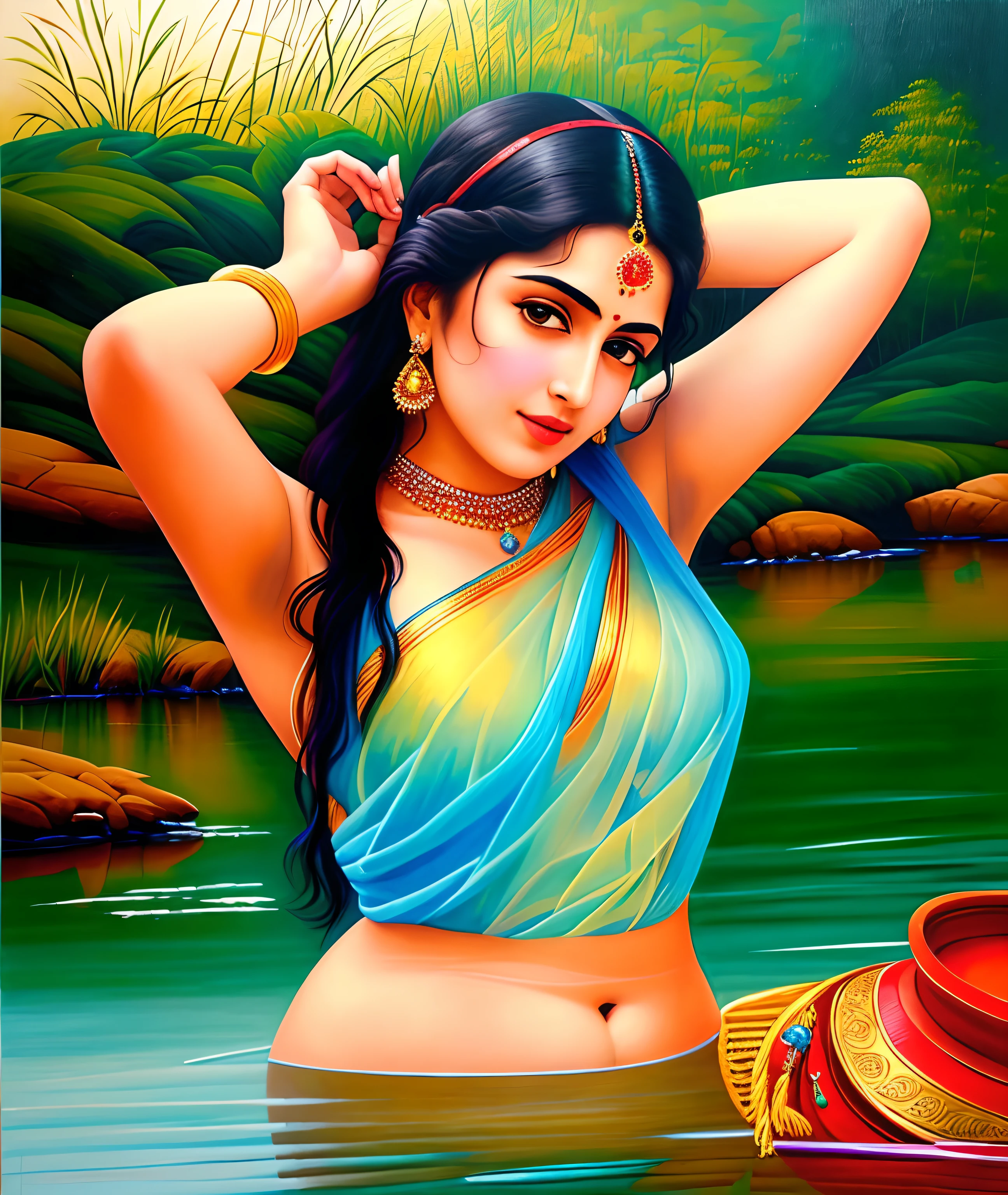 Masterpiece,8k uhd, hdr, realistic, hyper realistic, intricate, vibrant colour, painting of a woman in a sari sitting on a chair, traditional beauty, inspired by Raja Ravi Varma, indian art, by Raja Ravi Varma, painting of beautiful, inspired by T. K. Padmini, painting of a woman, by Sardar Sobha Singh, gorgeous woman, oil on canvas painting, traditional painting, oil-painting