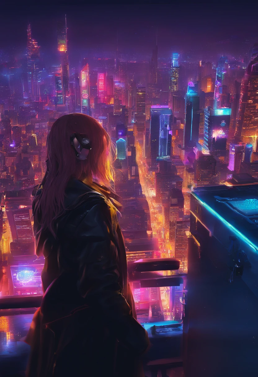 octans, sky, star (sky), scenery, starry sky, night, 1girl, night sky, solo, outdoors, building, cloud, comets, milky way, sitting, tree, bring small robot, long red hair, white shirt, golden eyes, black panties, wet, sexy, cyber city, futures, silhouette, cityscape, amazing, power, aura.