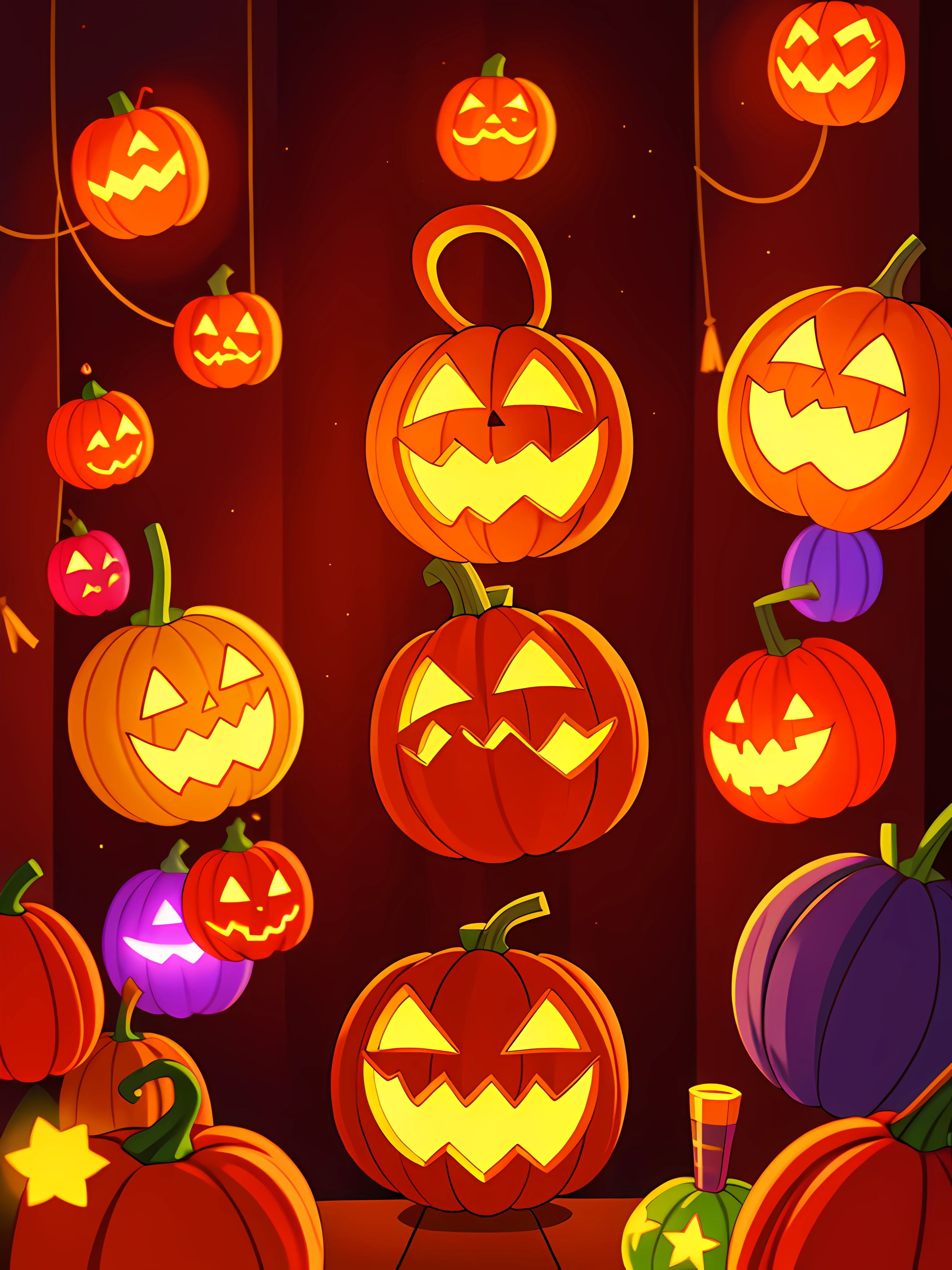 (Best quality, High quality:1.3), CG, Dramatic lighting, Highly detailed, Bokeh, A room full of glowing riddles and puzzles, And a lonely magic talking pumpkin