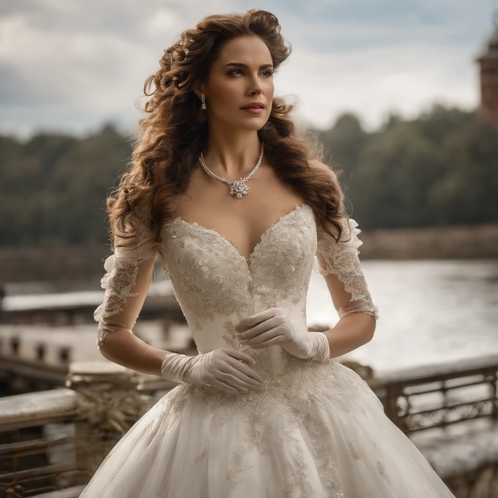 Best quality, Masterpiece, The future crown prince wears a stately and delicate royal wedding dress in white satin and tulle,Wear extra-long white gloves,Decorated with a huge ribbon bow, Lace, frilld, Woven pleats, Embroidery and jewelry, With large puff sleeves, Hourglass waist and voluminous Crinoline hoop skirt, bustle, and trains, white long gloves, pearl necklace and earrings, Carefully curly and styled hair