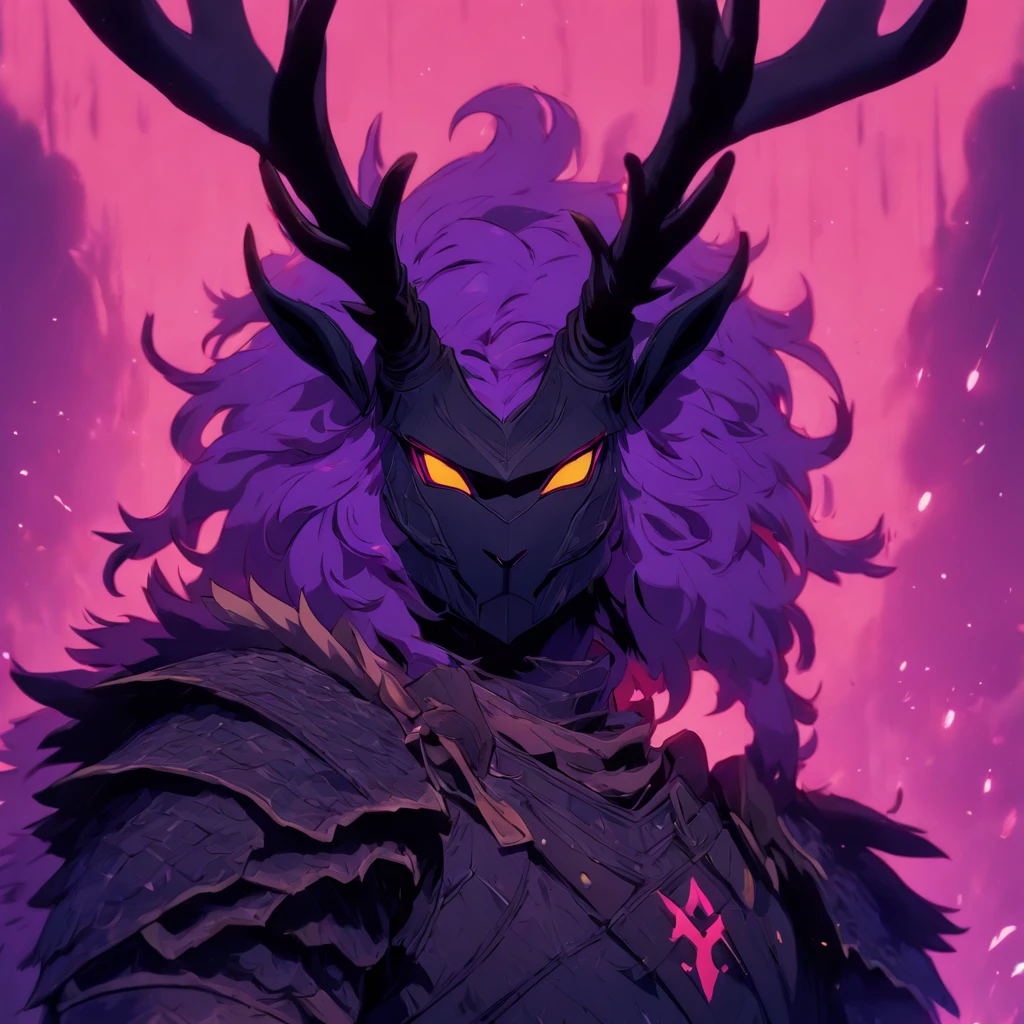 Knight Jackalope, short purple hair, jackalope antlers, dark armor(masterpiece, best quality)