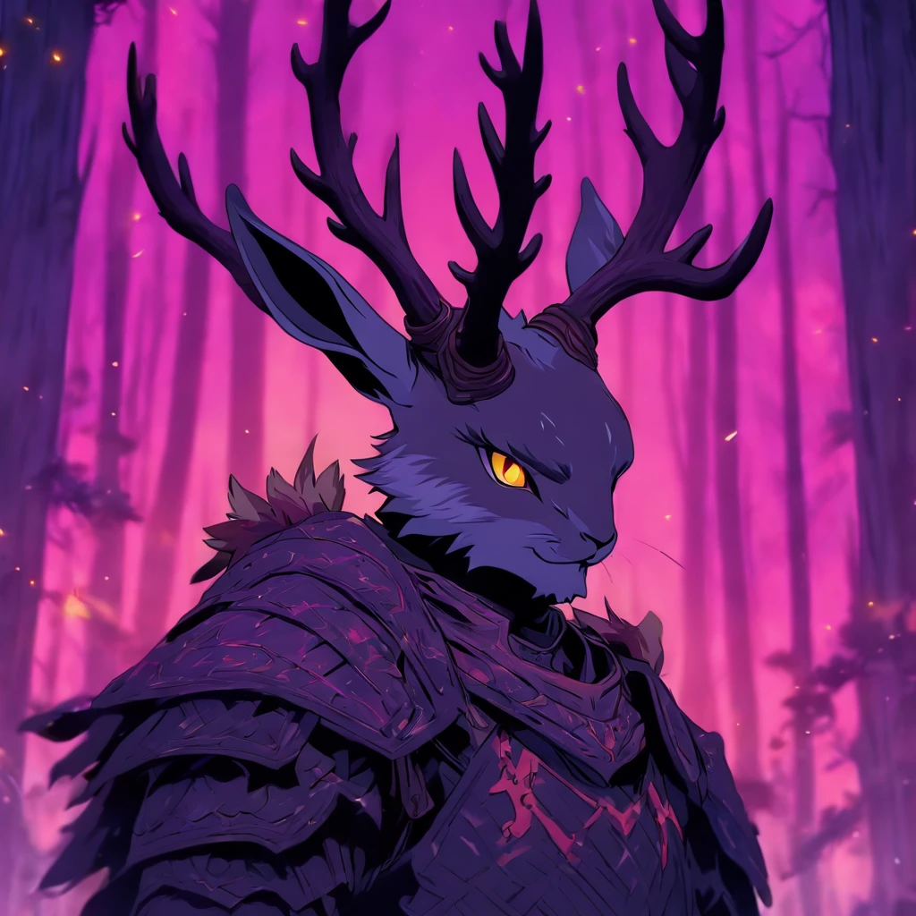 Knight Jackalope, short purple hair, jackalope antlers, dark armor(masterpiece, best quality)