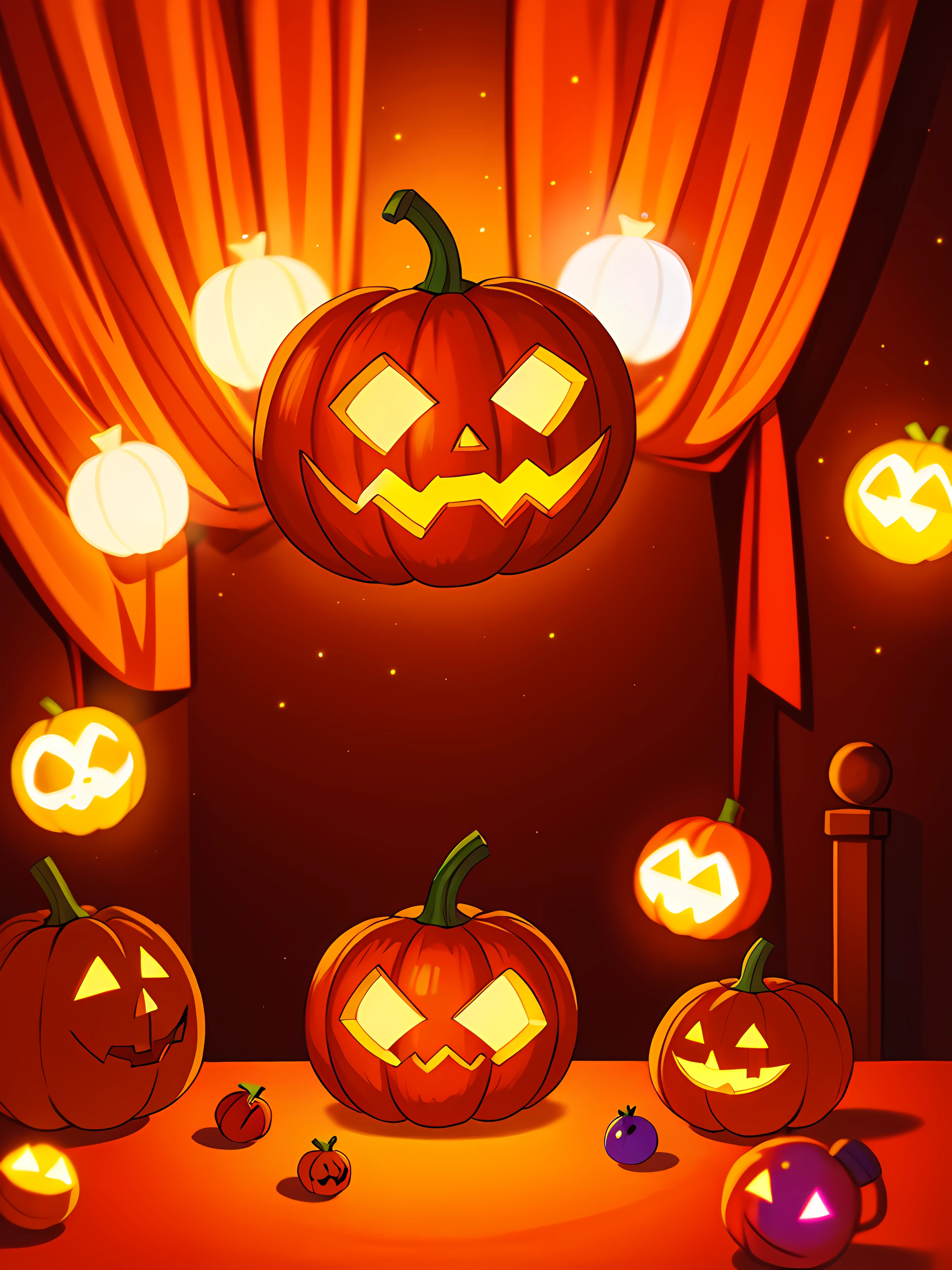 (Best quality, High quality:1.3), CG, Dramatic lighting, Highly detailed, Bokeh, A room full of glowing riddles and puzzles, And a lonely magic talking pumpkin