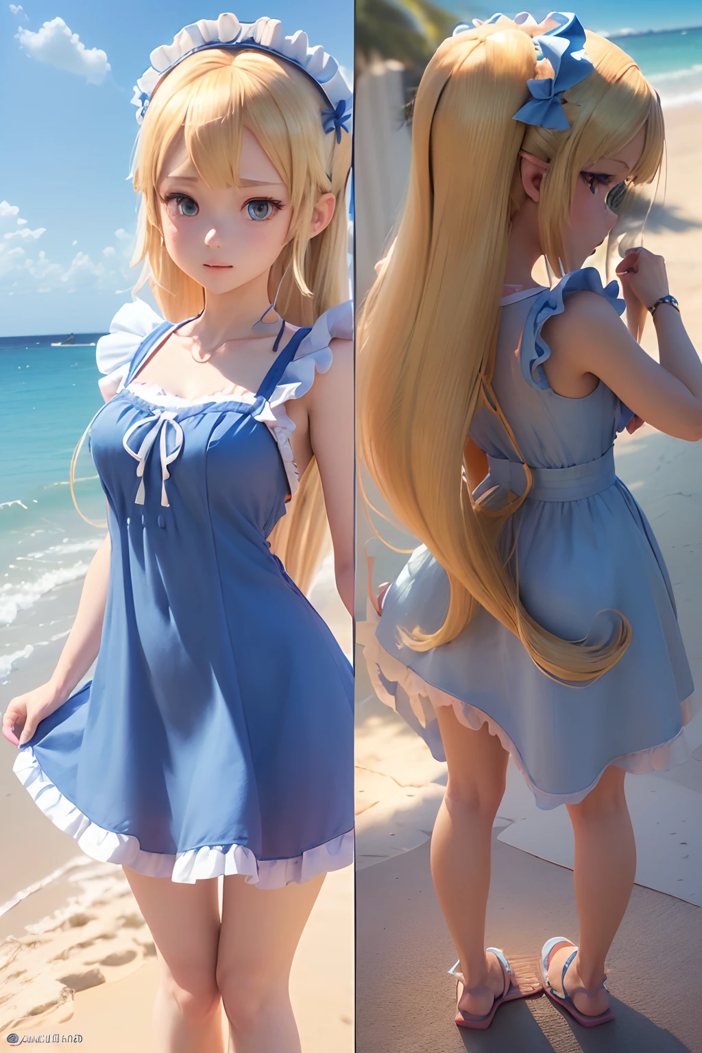 ( absurdly , High quality , ultra-detailliert ),((Summer at noon)),(((masutepiece))),((the beach))),(()),(((Twin-tailed long blonde))),(((Blue Maid Dress)))、with a red ribbon on the head,,,,,,(((Wearing flip-flops))),,,((render of a cute 3d anime girl)),Super Detailed Beautiful Girl,, posterior view,