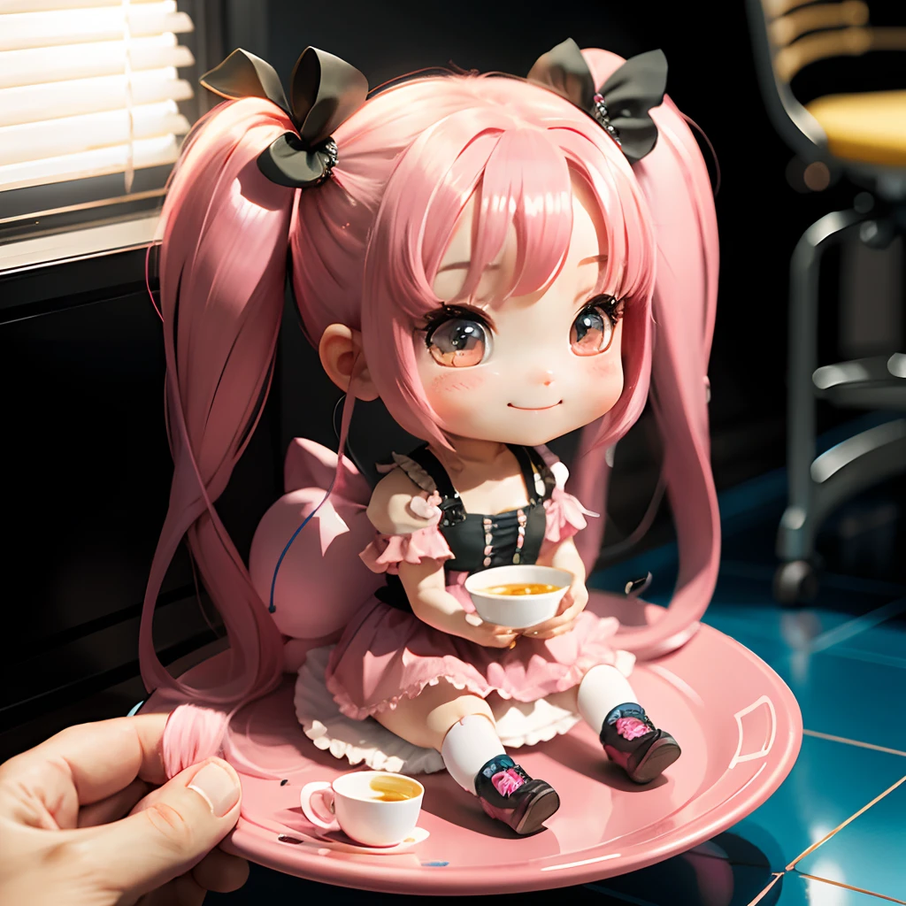 Cute chibi anime sitting on a plate, long pink hair with twin tails、Wear a hot pink mini dress, Smiling, Logo is cheap