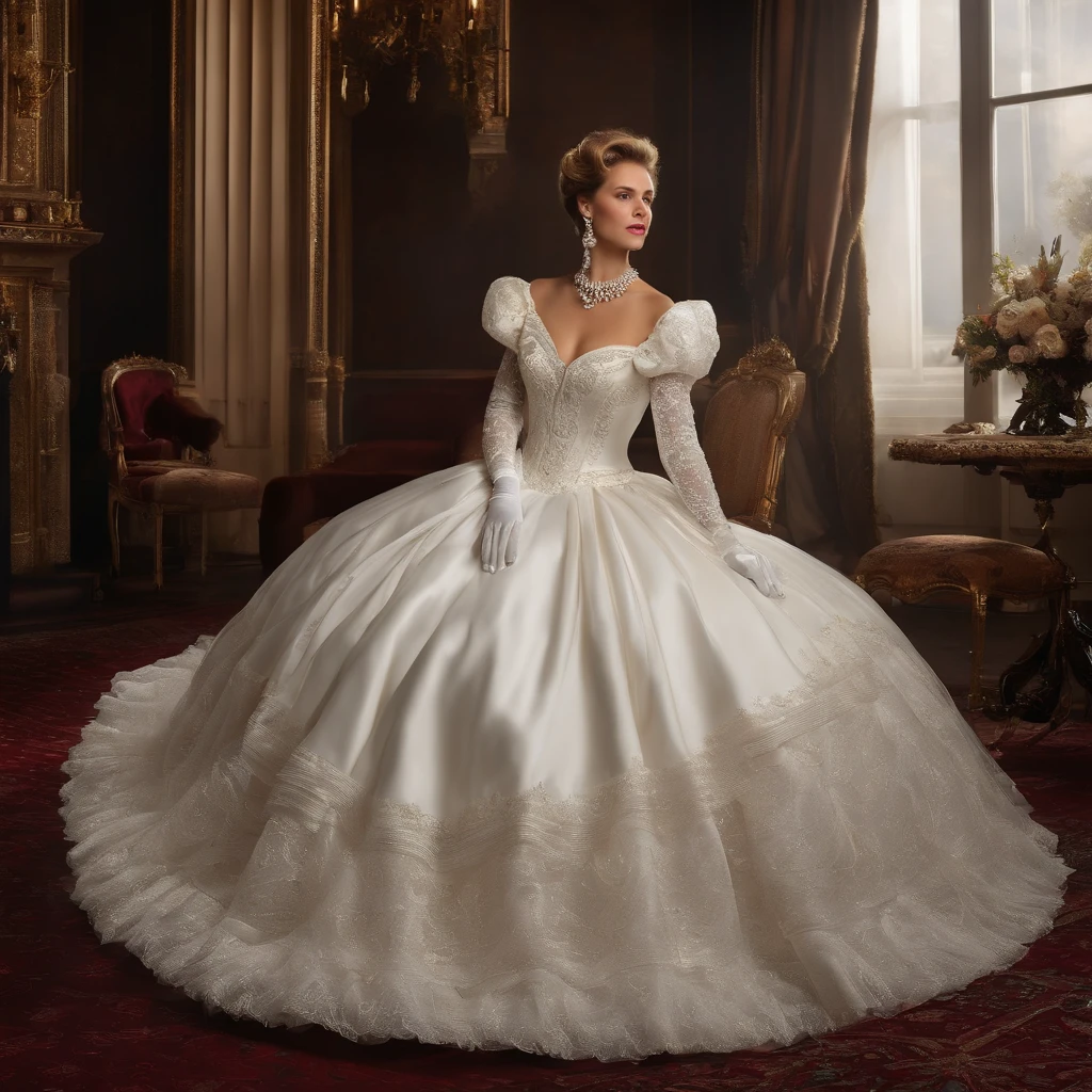 Best quality, Masterpiece, The future crown prince wears a stately and delicate royal wedding dress in white satin and tulle，Wear extra-long white gloves，Decorated with a huge ribbon bow, Lace, frilld, Woven pleats, Embroidery and jewelry, With large puff sleeves, Hourglass waist and voluminous Crinoline hoop skirt, bustle, and trains, white long gloves, pearl necklace and earrings, Carefully curly and styled hair