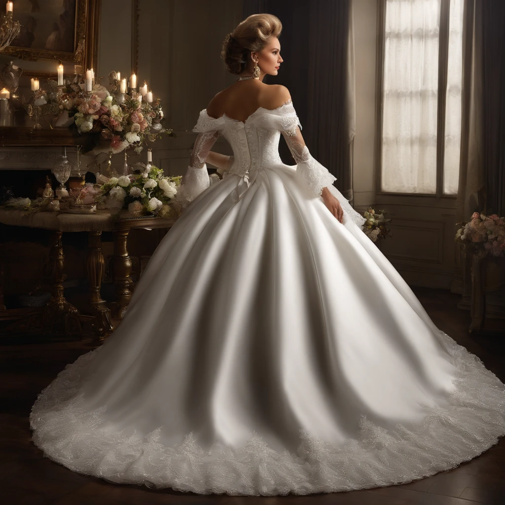 Best quality, Masterpiece, The future crown prince wears a stately and delicate royal wedding dress in white satin and tulle，Wear extra-long white gloves，Decorated with a huge ribbon bow, Lace, frilld, Woven pleats, Embroidery and jewelry, With large puff sleeves, Hourglass waist and voluminous Crinoline hoop skirt, bustle, and trains, white long gloves, pearl necklace and earrings, Carefully curly and styled hair