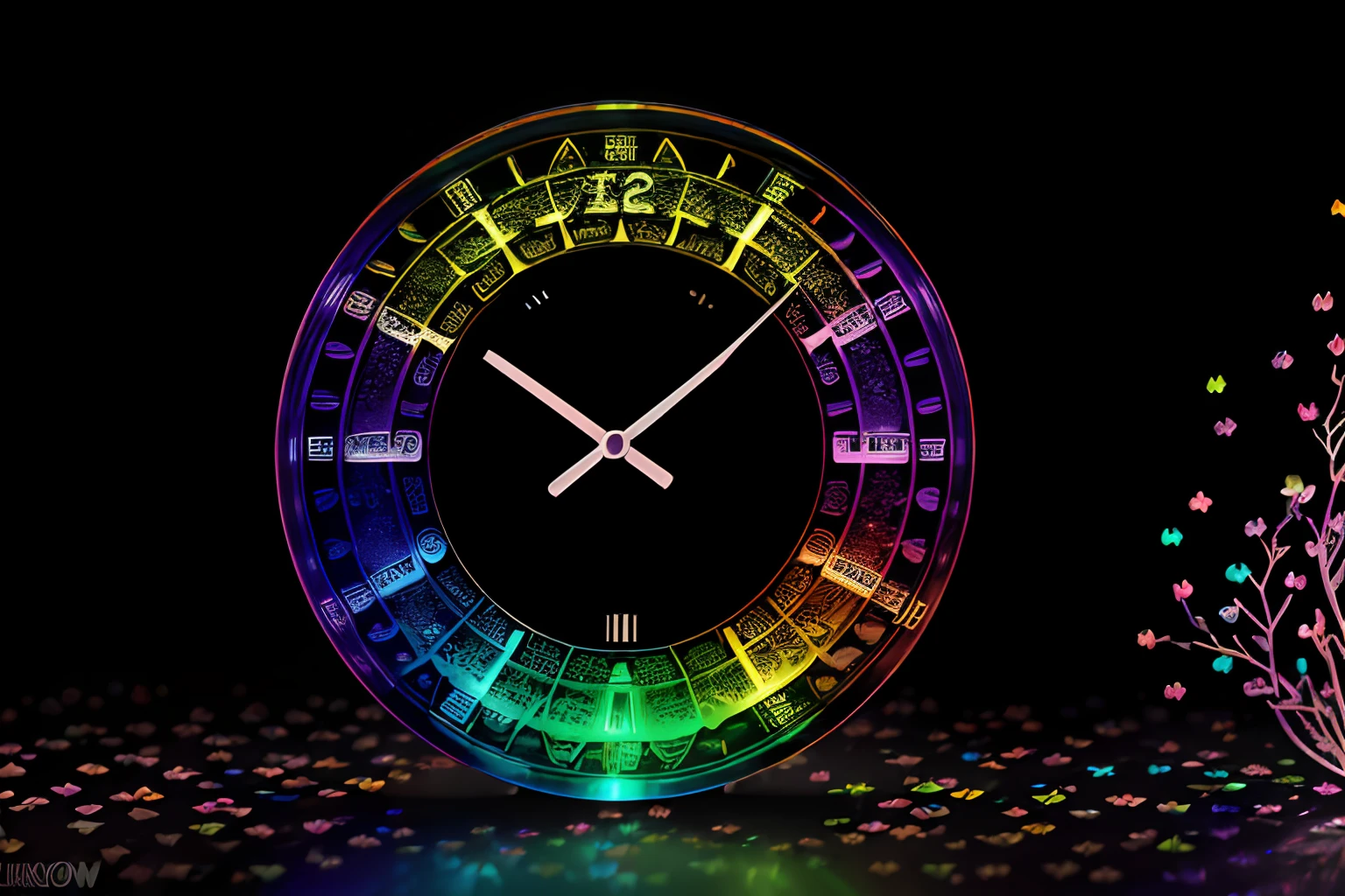 (((rainbow colored and digital clock with low key glow background intricate detail:1.3))), wet, color contrast, double exposure, metal object, reflection, highest quality, highly quality, impeccable quality, intricate thick oil painting, bokeh balls, divine creation, wonderful time, sphere, reverberation, alternative, ms paint, otherworldly realm of wonder and fantasy, be cold, god, cherry blossoms tree in a bottle, insane details, intricate glimmer glass, tachism, soft shadow. gaudy, iridescent, (fountain pen sketch of black-light paint:1.2), absurd resolution, starkly beautiful, intricate elaborate quality,