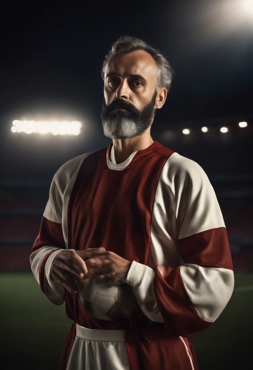 (((Galileo Galilei))), wearing soccers player outfit, looking at viewer, portrait, hyper detailed POV, rich colors, hyper realistic, lifelike texture, dramatic lighting, standing in a soccer Stadium, detailed symmetric realistic face, extremely detailed natural texture, extremely detailed, amazing, fine detail, photo realistic, RAW photo, TanvirTamim, high quality, highres, sharp focus, extremely detailed, cinematic lighting, Top image quality, hight resolution, full body,、play along the stadium, Ball, (((see the whole body))), Edge Of Realism, lifelike texture, dramatic lighting, hdr