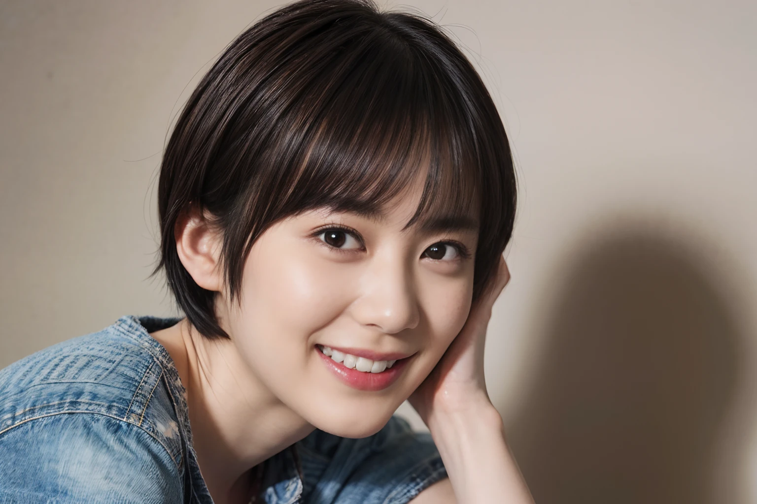 ((1womanl)),  (((Black-short-hair))), （masuter piece：1,3）、top-quality、​masterpiece、hight resolution、Original、highly detailed wallpaper、jeans、 (A slight smil)、a small face、((full breasts))、(Printed graphic t-shirt)、(light on face)、Live-action style, Beautiful facial features, Luxurious large room, cowboy  shot