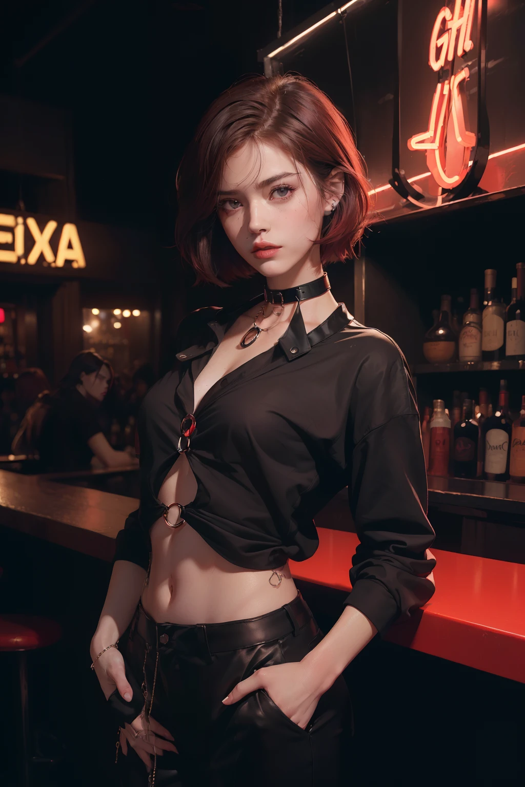 (((Masterpiece, Best Quality, High Resolution)))), extremely detailed 8K, Beautiful girl with a slim body, (Ultra HD, Ultra-detailed, Highly detailed, highly realistic, ultra-realistic, The photo is realistic), (1girl:1.5), redhead hair (((black strands in the hair))), Short straight hair, bob cut, gray eyes, His expression is calm,(((The face almost does not express emotions)))(Average GRCD: 1.2), She wears a black sports top and wide black pants with pockets.(((There are rings on his hands))) (((collar around the neck)))Against the backdrop of a nightclub (((In the background is a red neon sign and a bar)))