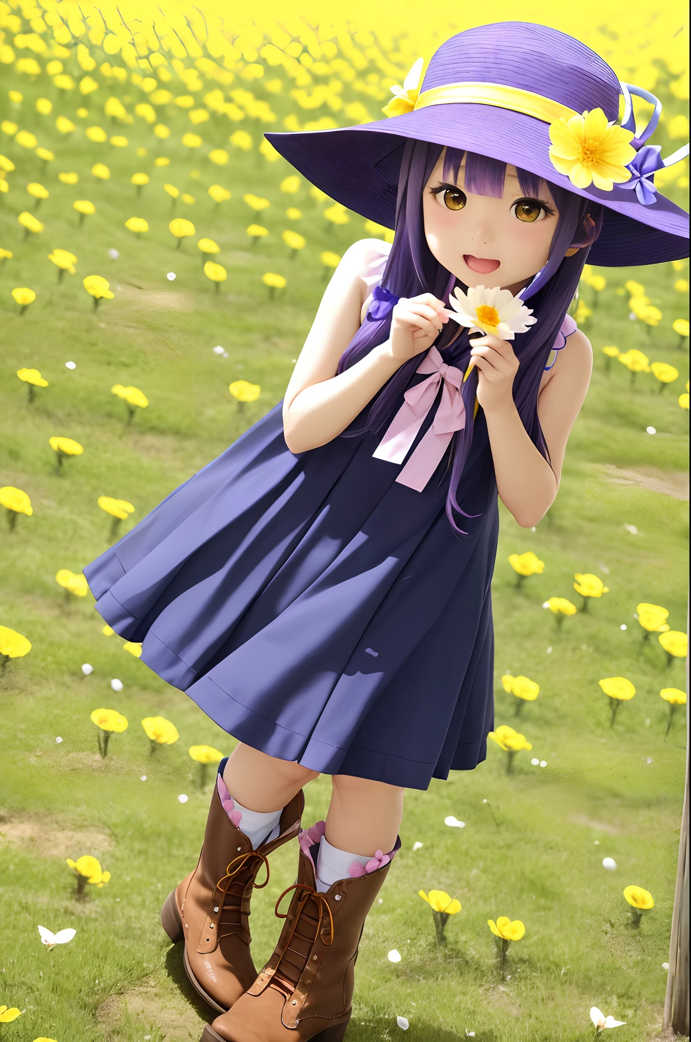 女の子1人、blue ribbons、鎖骨、florals、Hats、Windy, That's why I'm wearing a hat、Yawning face、Longer dress、length hair、purple color hair、bow ribbon、Sleeveless、a straw fedora hat、Eye Up、yellow eyes、yellow flower、There is a flower in the foreground、Petals are fluttering、butterflys々is flying、kawaii pose、I'm wearing cute boots
