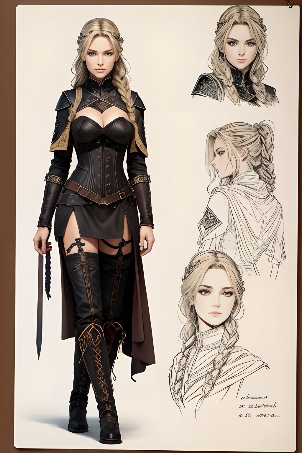 model sheet, color pieces, sketchbook, hand drawn, dark, bold, realistic sketch, rough sketch, mix of bold dark lines and loose lines, bold lines, on paper, revised character sheet, female, full body, symbols mysterious, runes, dark theme, flowing braided blonde hair, beautiful, pretty, padded leather corset embroidered with runes, modest leather boots embroidered with runes