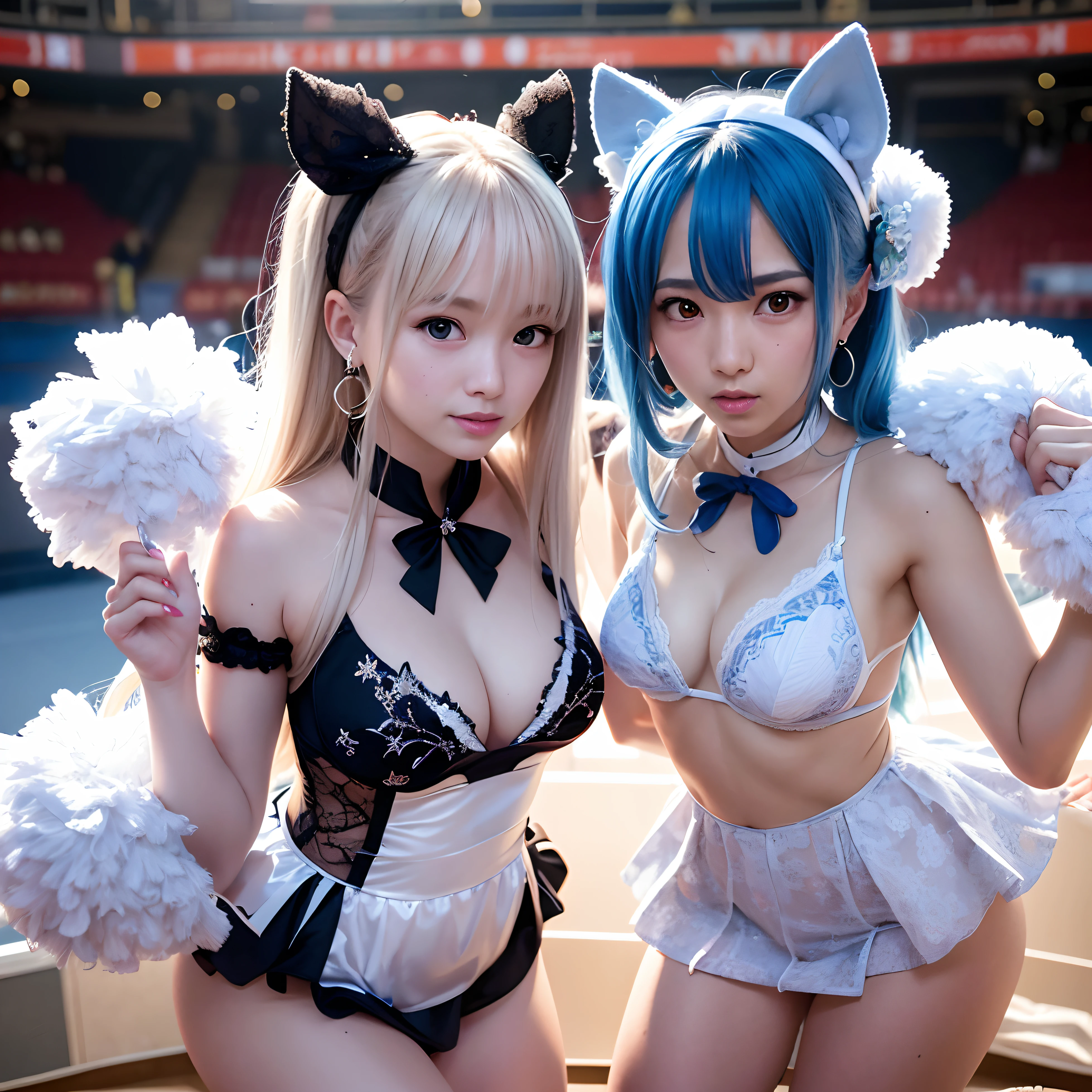 Two cheerleaders from Ala-Fed Asia posing with pom-poms in hand in the stadium、Write、Anime girl cosplay、a closeup、cosplay foto、Anime Cosplay、japanese mascot、Raise your arms to show、tiny chest、crouching down、RAW Photography, top-quality, hight resolution, (​masterpiece), (Photorealsitic:1.4), professional photograpy, foco nítido, HDR, 8K分辨率, intricate detailes, sophisticated details, depth of fields, the Extremely Detailed CG Unity 8K Wallpapers, front lit, NSFW, full bodyesbian, femele, girl with, Standing side by side, beautiful supermodel, Smile Top Quality、超A high resolution、(Photo Real:1.4)、japanes、sky blue hair、length hair、blue eyess、sharp chin、(Skinny)、tiny chest、Light makeup、White Cape、Black string tie、sky-blue dress、White lingerie visible under the dress、White down shoulder badge、Princess Line、a smile、cute little、Small teardrop earrings、on a stage、5-Fingers
