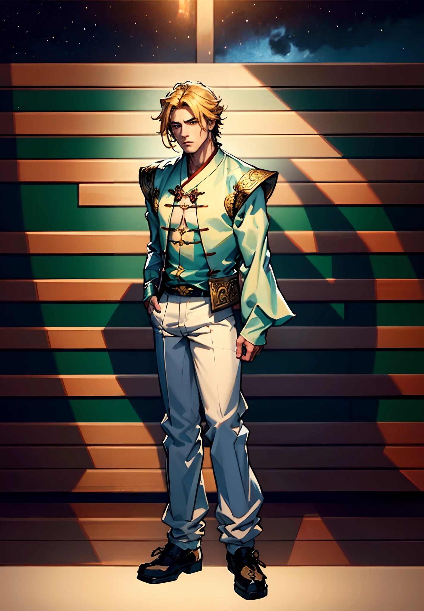 A man with short golden hair, hair standing straight up, a long tuft of bangs, thick eyebrows, a melancholic gaze, a square-shaped face, wears a Chinese-style wide-sleeved undershirt, over which he layers an open-front Dao robe, a color scheme of green and blue and yellow and white, he wears plain trousers and coarse cloth shoes, against the backdrop of a star-studded night sky, this character embodies a finely crafted fantasy-style Chinese martial artist character in anime style, characterized by an exquisite and mature manga illustration art style, full body character drawing, high definition, best quality, highres, ultra-detailed, ultra-fine painting, extremely delicate, professional, anatomically correct, symmetrical face, extremely detailed eyes and face, high quality eyes, creativity, RAW photo, UHD, 8k, Natural light, cinematic lighting, masterpiece:1.5