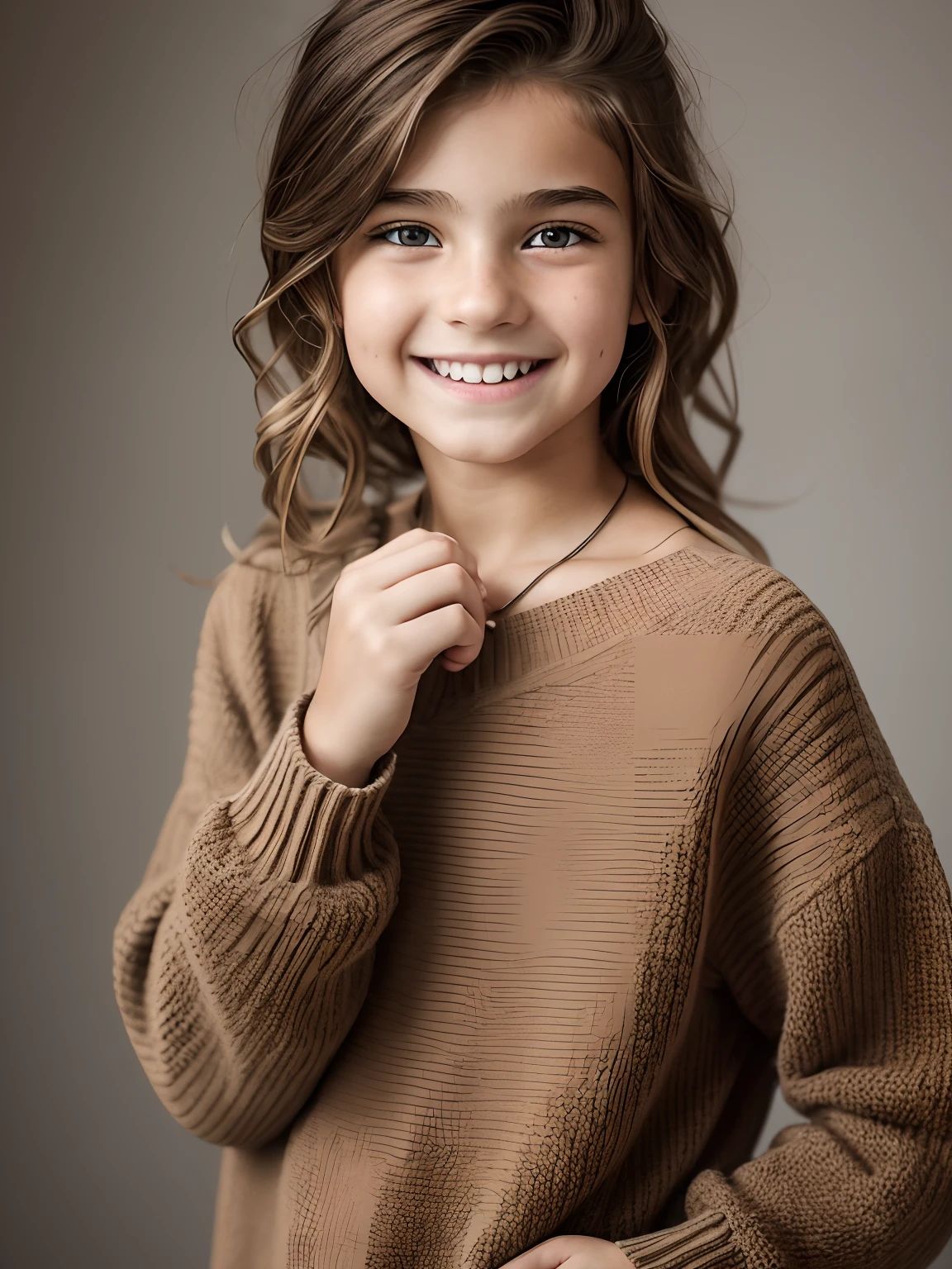 Realistic photo of a 10-year-old girl of European appearance(Yana Poplavskaya in childhood), Severely disheveled, tousled, shaggy shoulder-length brown hair ; Large shiny dark brown eyes, long eyelashes, thick eyebrows, mischievous, Carefree, Carefree, cheerful, mischievous hooligan look, A wide hooligan grin, grin, pronounced Noticeable chipping of the angle of the front tooth; He looks defiantly at the camera from under his eyebrows(a slight tilt of the head forward and down), Plotting a prank;, old leaky stretched brown sweater on naked body, torn jeans, Shoes; Without cosmetics, Unadorned; relaxed Gouging hooligan pose; Professional studio photography with a film SLR camera("Zorkiy-4"), (passport photo), hight resolution, Natural Realistic Detailed Skin Texture, natural lightin, 8K, Texture of the photo card, Maximum photorealism, Detailing the texture of the fabric