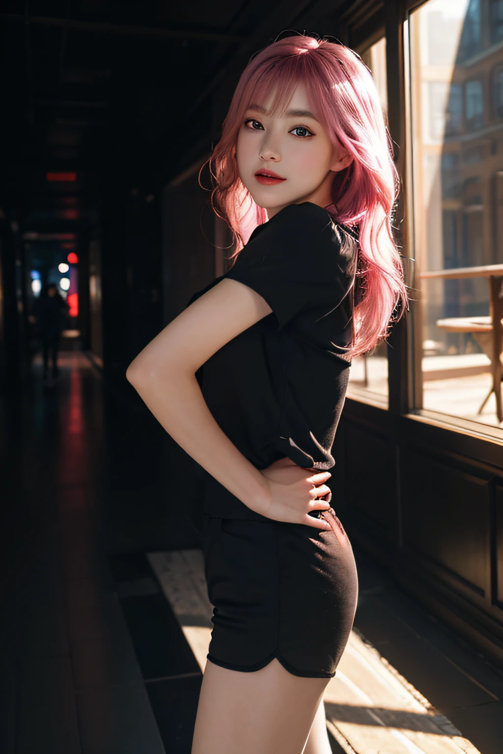 Ultra-realistic 8K CG,s the perfect face,flawless perfection,Ren,tmasterpiece,professionalartwork,famousartwork,s the perfect face,beauitful face,beautidful eyes,((Perfect female body)),独奏,(ring:1.2),(immersiveatmosphere,lightand shade contrast:1.5,Bright light:1.2,lumnious),,(Blushlush:0.5),Enchanting expression,Ultimate detail_The eye,Rough and hard,mideum breasts,Exquisite background,depth of fields,photorealestic:1.3,Faraway view,1girll,,Combat posture,full bodyesbian,(ambient lights:1.3),(cinematic compositions:1.3),(neonlight:0.1),(hdr:0.1),emphasis lighting,Black shorts,A pink-haired,,Black short sleeves