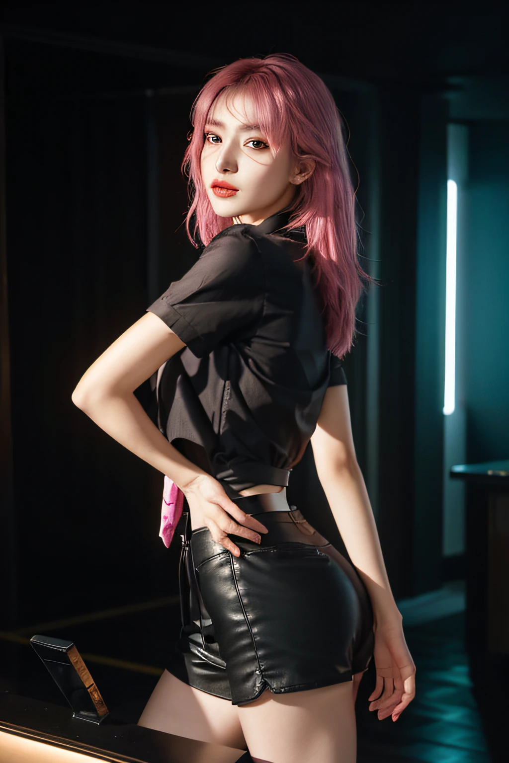 Ultra-realistic 8K CG,s the perfect face,flawless perfection,Ren,tmasterpiece,professionalartwork,famousartwork,s the perfect face,beauitful face,beautidful eyes,((Perfect female body)),独奏,(ring:1.2),(immersiveatmosphere,lightand shade contrast:1.5,Bright light:1.2,lumnious),,(Blushlush:0.5),Enchanting expression,Ultimate detail_The eye,Rough and hard,mideum breasts,Exquisite background,depth of fields,photorealestic:1.3,Faraway view,1girll,,Combat posture,full bodyesbian,(ambient lights:1.3),(cinematic compositions:1.3),(neonlight:0.1),(hdr:0.1),emphasis lighting,Black shorts,A pink-haired,,Black short sleeves