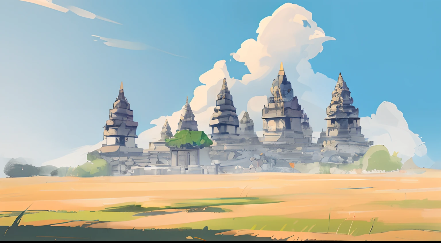 field with temple in distance
