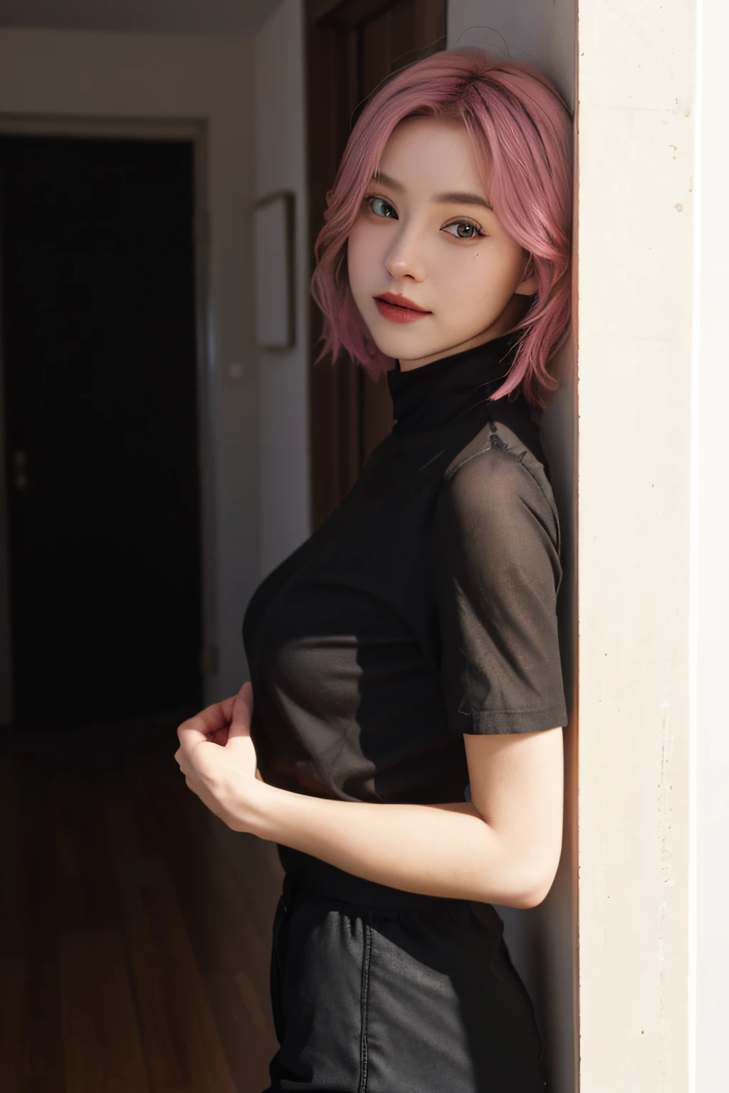 Ultra-realistic 8K CG,s the perfect face,flawless perfection,Ren,tmasterpiece,professionalartwork,famousartwork,s the perfect face,beauitful face,beautidful eyes,((Perfect female body)),独奏,(ring:1.2),(immersiveatmosphere,lightand shade contrast:1.5,Bright light:1.2,lumnious),,(Blushlush:0.5),Enchanting expression,Ultimate detail_The eye,Rough and hard,mideum breasts,Exquisite background,depth of fields,photorealestic:1.3,Faraway view,1girll,,Combat posture,full bodyesbian,(ambient lights:1.3),(cinematic compositions:1.3),(neonlight:0.1),(hdr:0.1),emphasis lighting,Black shorts,A pink-haired,,Black short sleeves
