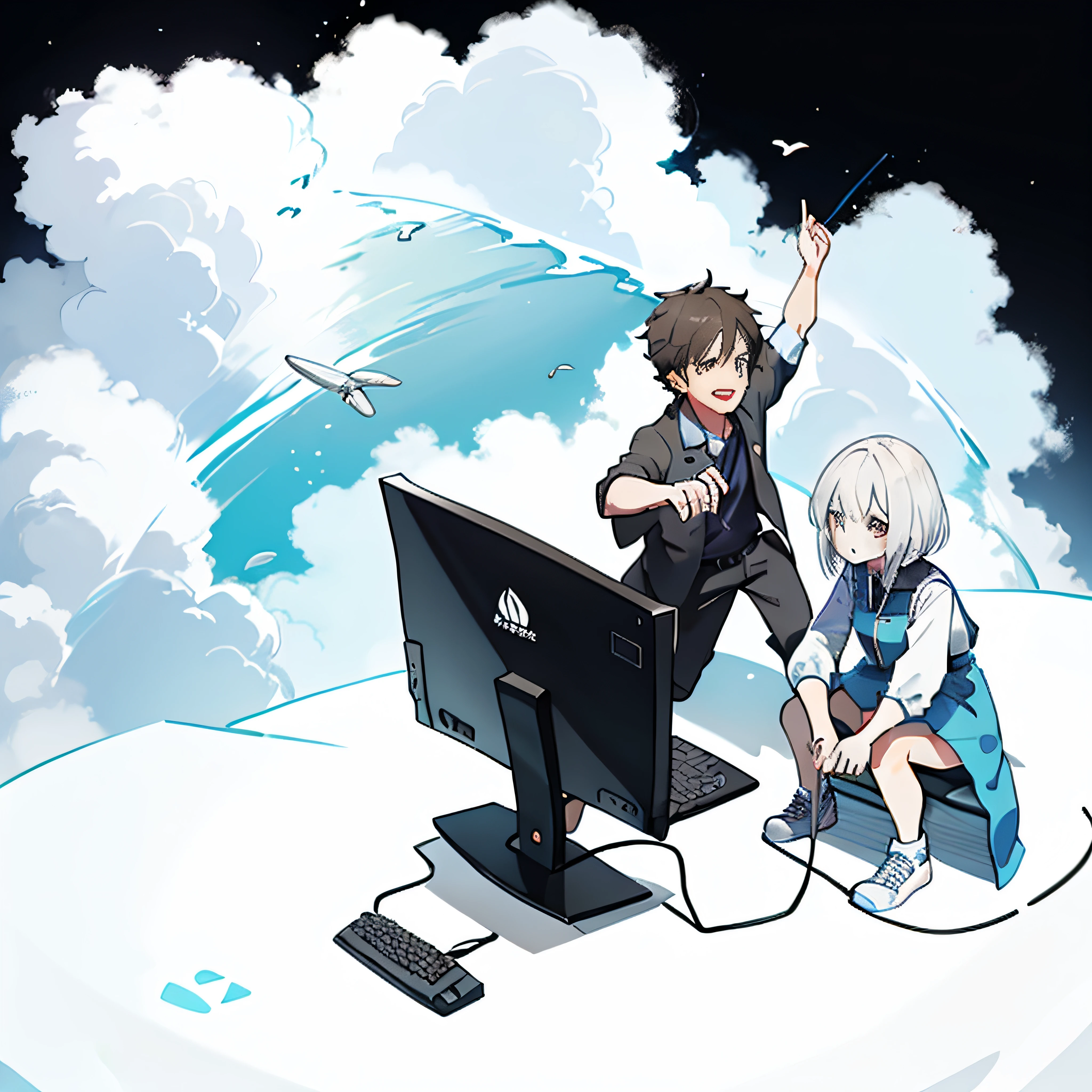 A man and a woman play a computer game