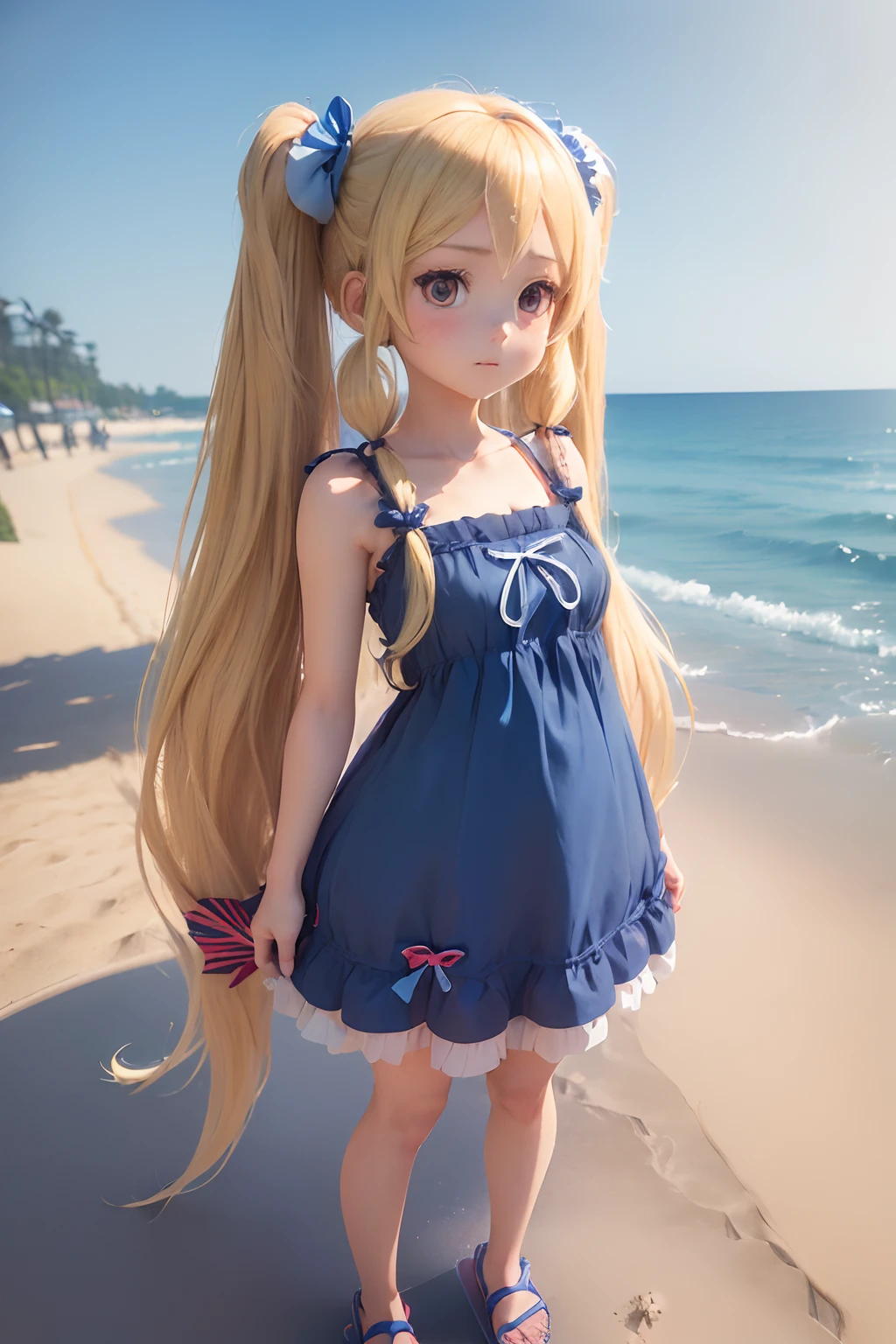 There is a child in a school bathing suit posing on a boat, small curvy , by the sea, Highly detailed Giantess shot, Massa Amane, standing on a bridge, acquamodels model Elisa Hess, standing near the beach, dream dollfie, Massa Tomorrow