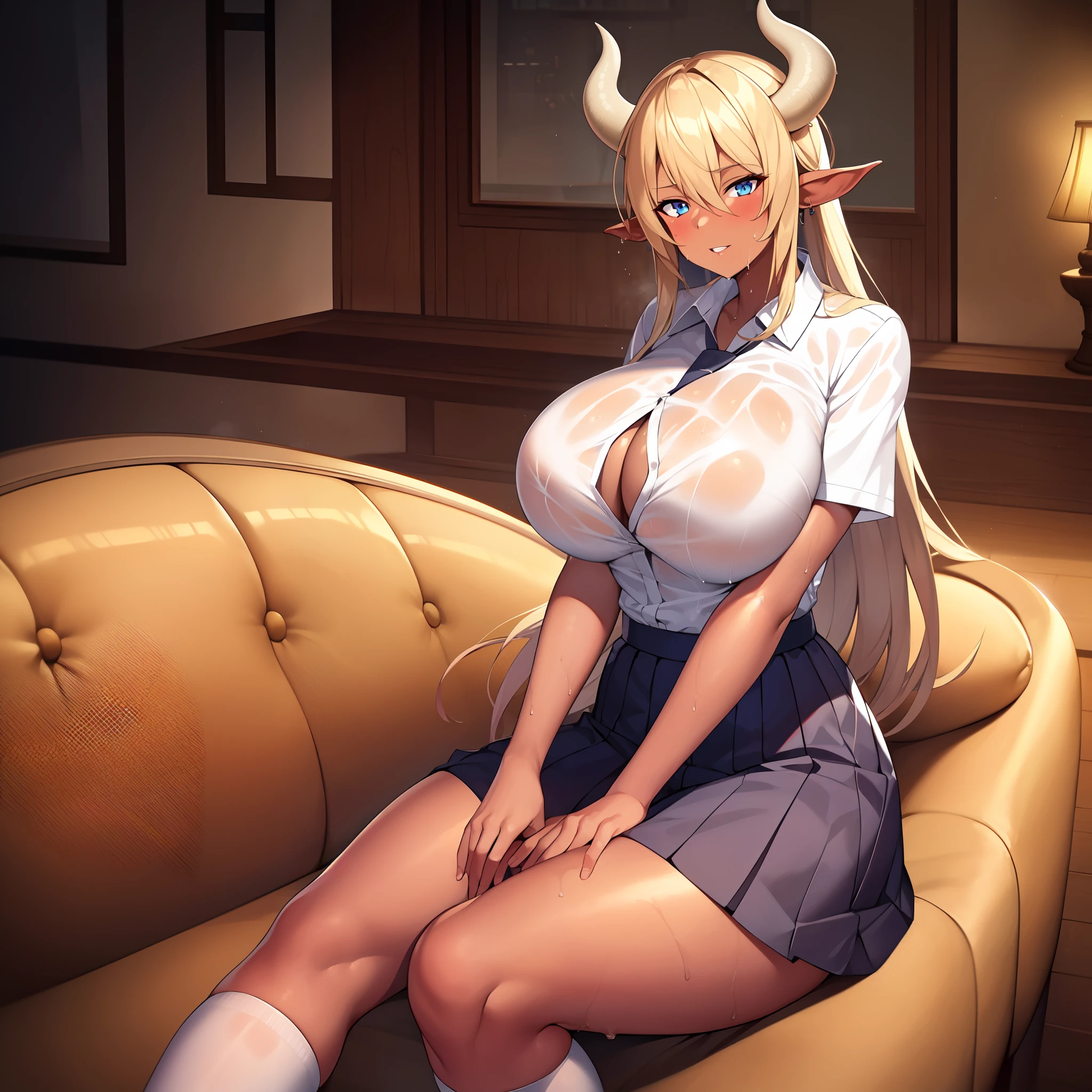 masterpiece, high quality, extremely detailed, 1girl,mature female, solo, dark skinned female, tan skin, gigantic breasts, cow girl, two tone hair, long hair, cow ears, cow horns, parted lips, catholic school uniform, light smile, wet, sweaty, sitting on the sofa, indoor