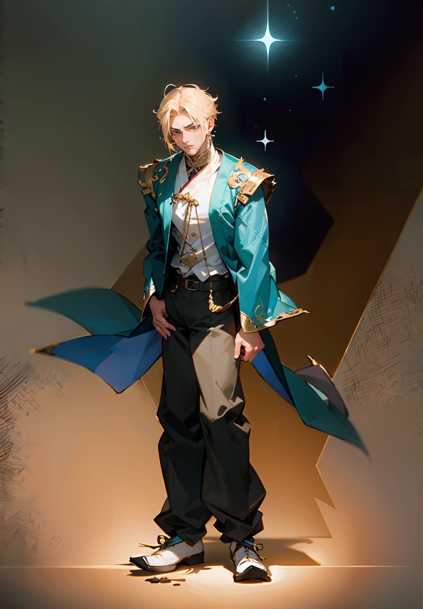 A man with short golden hair, hair standing straight up, a long tuft of bangs, thick eyebrows, a melancholic gaze, a square-shaped face, wears a Chinese-style wide-sleeved undershirt, over which he layers an open-front Dao robe, a color scheme of green and blue and yellow and white, he wears plain trousers and coarse cloth shoes, against the backdrop of a star-studded night sky, this character embodies a finely crafted fantasy-style Chinese martial artist character in anime style, characterized by an exquisite and mature manga illustration art style, full body character drawing, high definition, best quality, highres, ultra-detailed, ultra-fine painting, extremely delicate, professional, anatomically correct, symmetrical face, extremely detailed eyes and face, high quality eyes, creativity, RAW photo, UHD, 8k, Natural light, cinematic lighting, masterpiece:1.5
