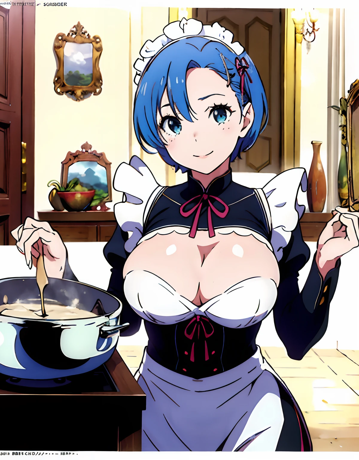 (Best Quality, Masterpiece),sexy mommy, Front cover of a women's cooking magazine, , naked, erotic, 18+, nsfw, 1girl, 30 years old, stunning, cute, heartwarming smile, hourglass figure, Maid costume, beautiful food, text, diagrams, advertisements, magazine title, very short blue hair, One strand of hair hangs down over his forehead.