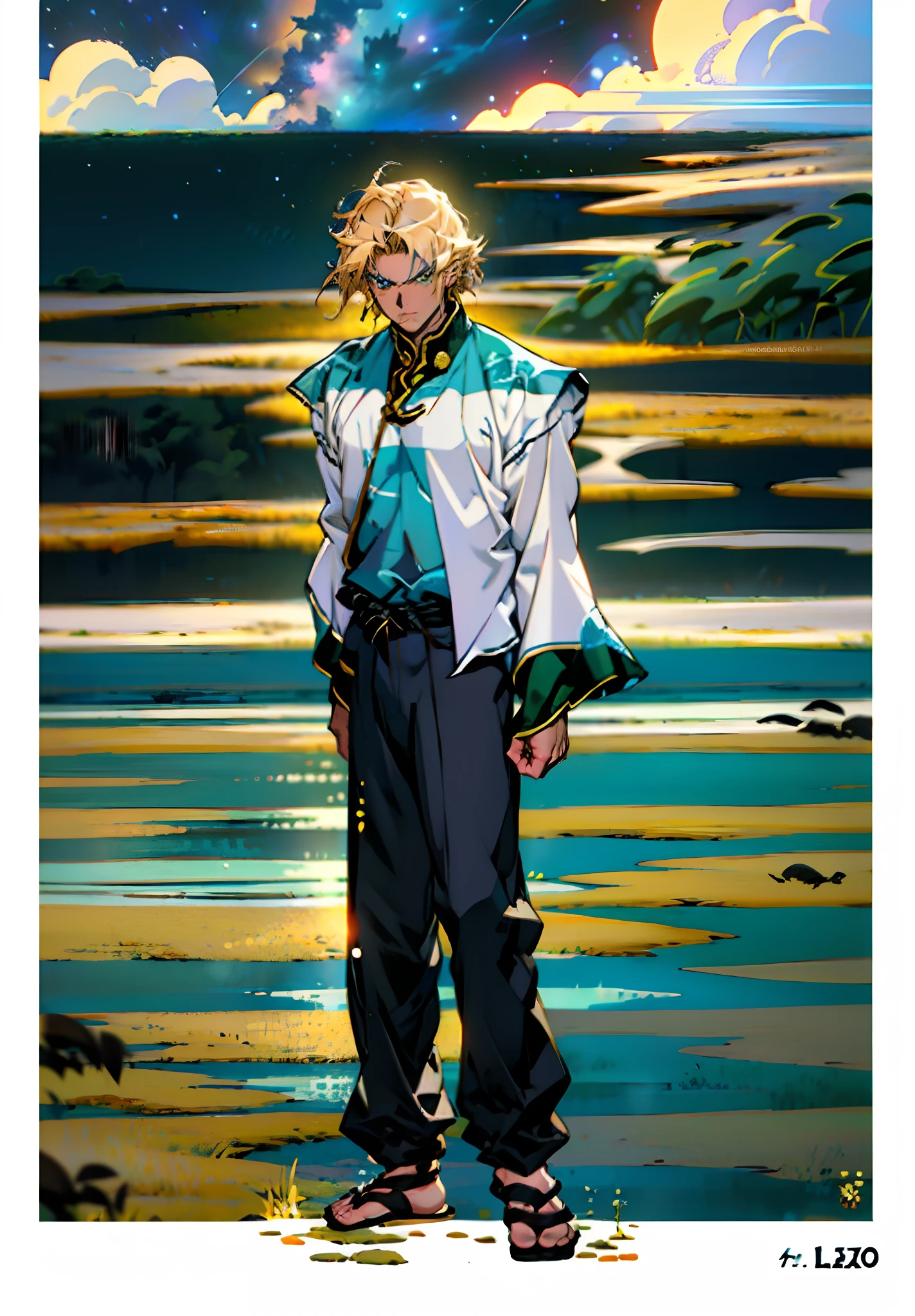 A man with short golden hair, hair standing straight up, a long tuft of bangs, thick eyebrows, a melancholic gaze, a square-shaped face, wears a Chinese-style wide-sleeved undershirt, over which he layers an open-front Dao robe, a color scheme of green and blue and yellow and white, he wears plain trousers and coarse cloth shoes, against the backdrop of a star-studded night sky, this character embodies a finely crafted fantasy-style Chinese martial artist character in anime style, characterized by an exquisite and mature manga illustration art style, full body character drawing, high definition, best quality, highres, ultra-detailed, ultra-fine painting, extremely delicate, professional, anatomically correct, symmetrical face, extremely detailed eyes and face, high quality eyes, creativity, RAW photo, UHD, 8k, Natural light, cinematic lighting, masterpiece:1.5