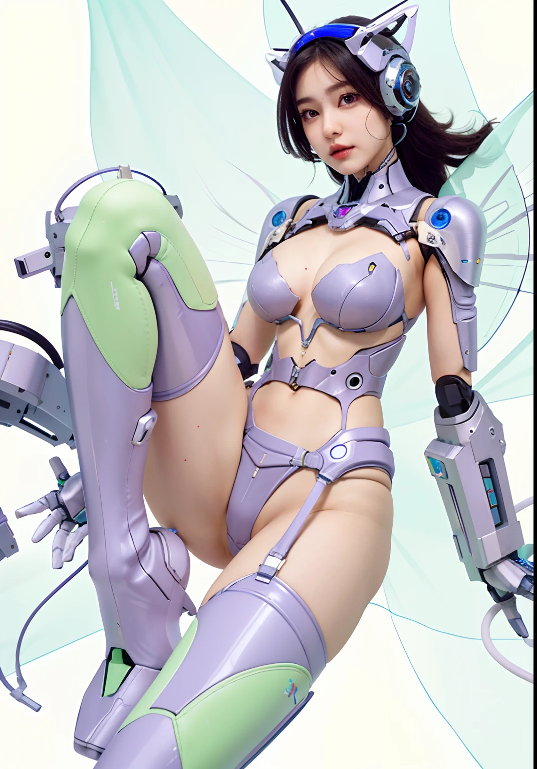 a girl, hyperrealistic, fully robotic, catgirl, biomechanical tits,, android heroine, anime robotic mixed with organic, fairy girl, high res, thick smooth warframe thighs, perfect android girl