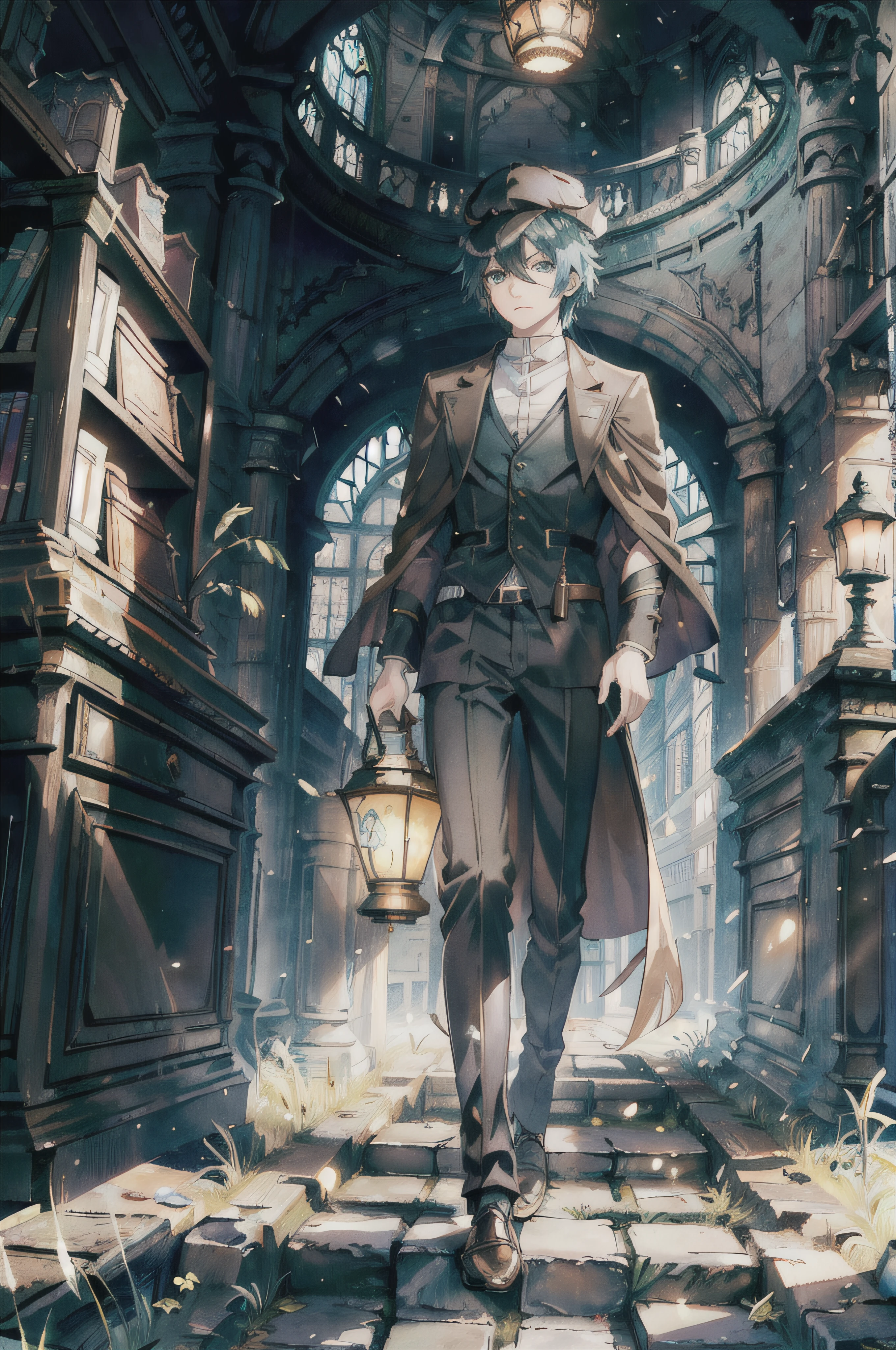 1male, short grass green hair, bright blue eyes, wearing detective clothes, dress pants, brown cloak, brown mafia hat, holding book, run, underground library, lamps illuminating, side view, high res, ultrasharp, 8K, masterpiece