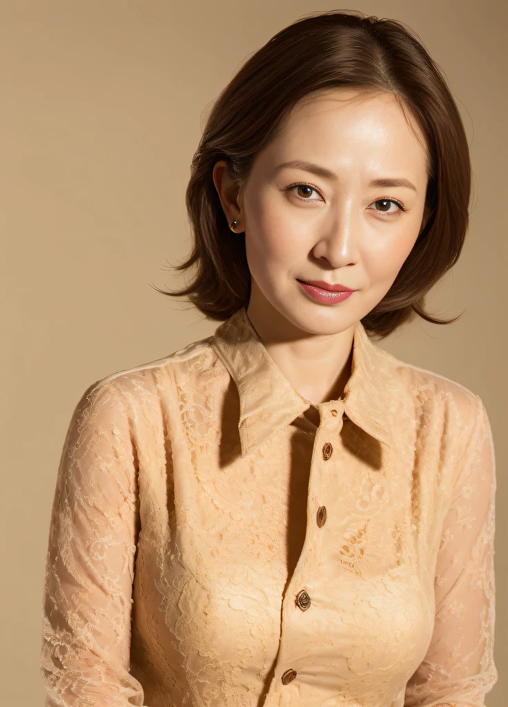 masterpiece,best quality, (1 milf), ((portrait:1.5)), ((looking at the viewer)), makeup, elegant beige shirt, touch own chest, ((seduction expression)),
