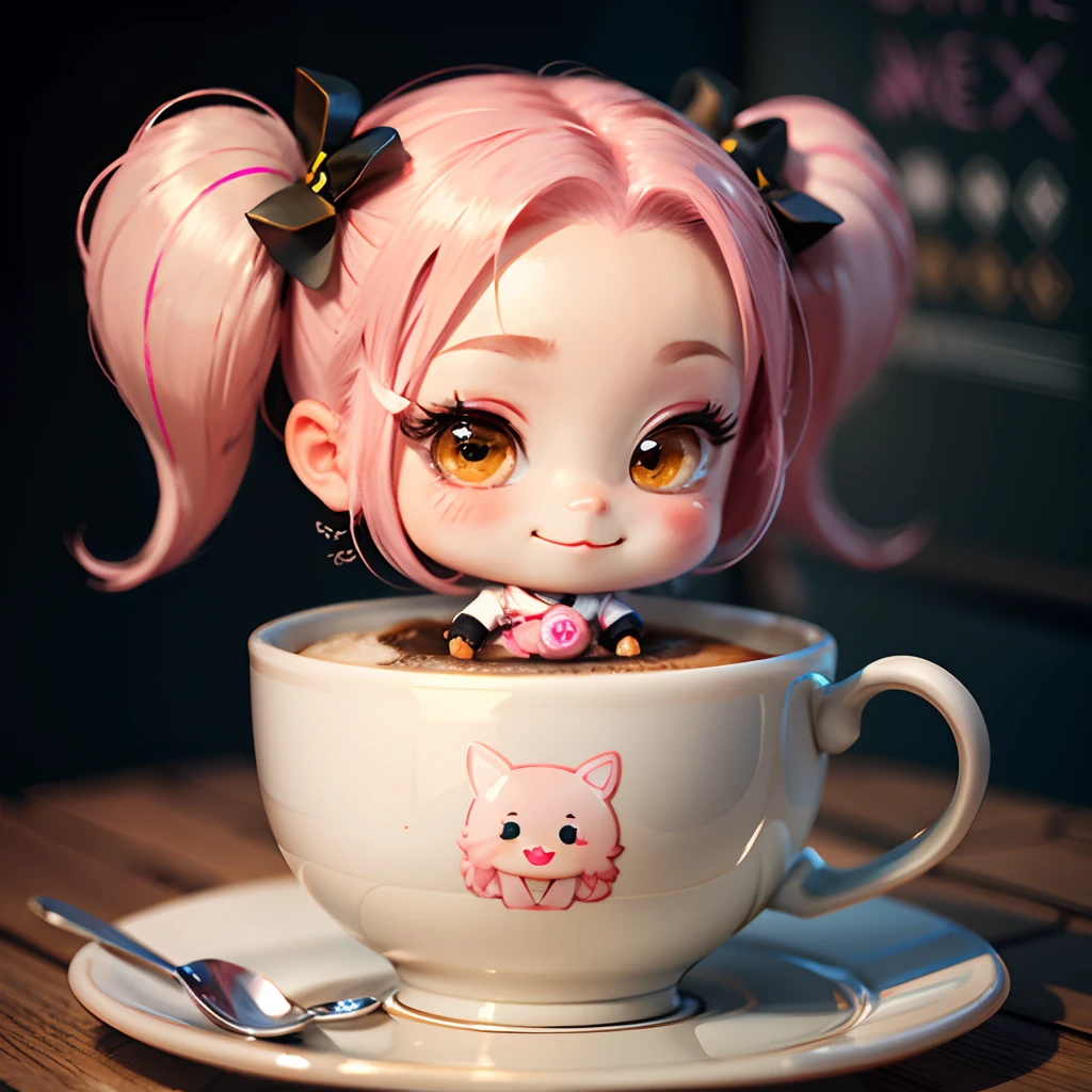 Cute chibi anime sitting in a coffee cup, long pink hair with twin tails、Wear a hot pink mini dress, Smiling, Logo is cheap