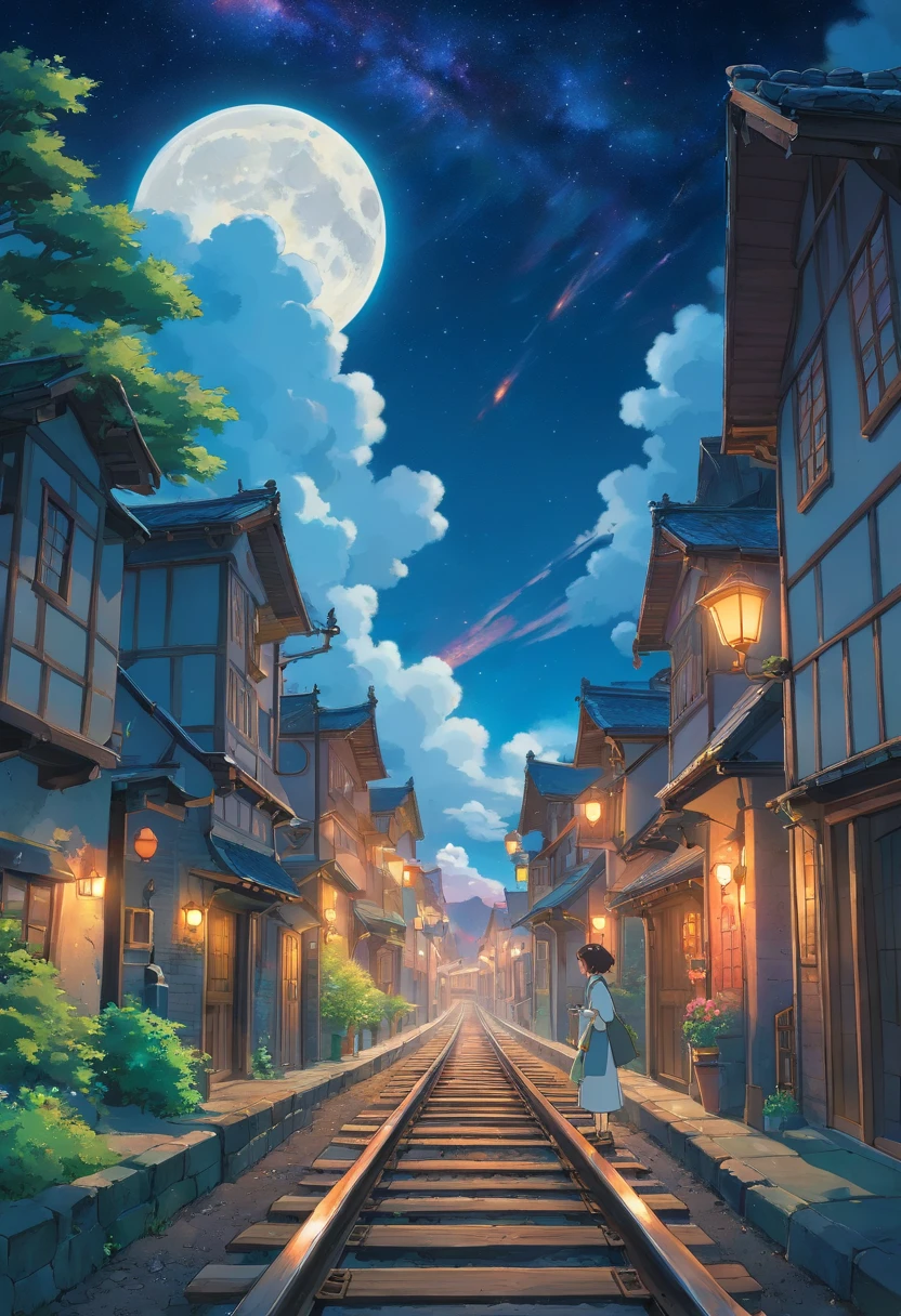 Romanticism, Fujicolor, perspective, UHD, masterpiece, best quality,Silent night,The Milky Way lies across the night,The bright moon was embedded in the darkness,A train travels alone on an iron bridge,Walk through the mountains,With the moon,The train slowly spewed steam,A long band of clouds was dragged out in the back