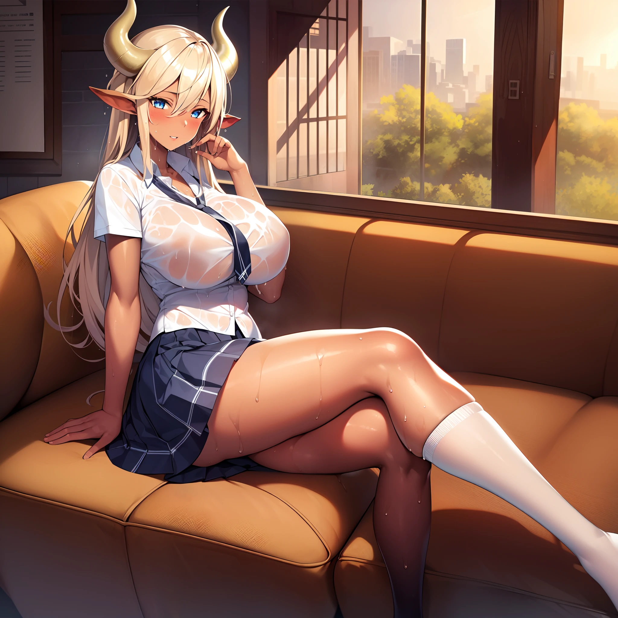 masterpiece, high quality, extremely detailed, 1girl,mature female, solo, dark skinned female, tan skin, gigantic breasts, cow girl, two tone hair, long hair, cow ears, cow horns, parted lips, catholic school uniform, light smile, wet, sweaty, sitting on the sofa, indoor