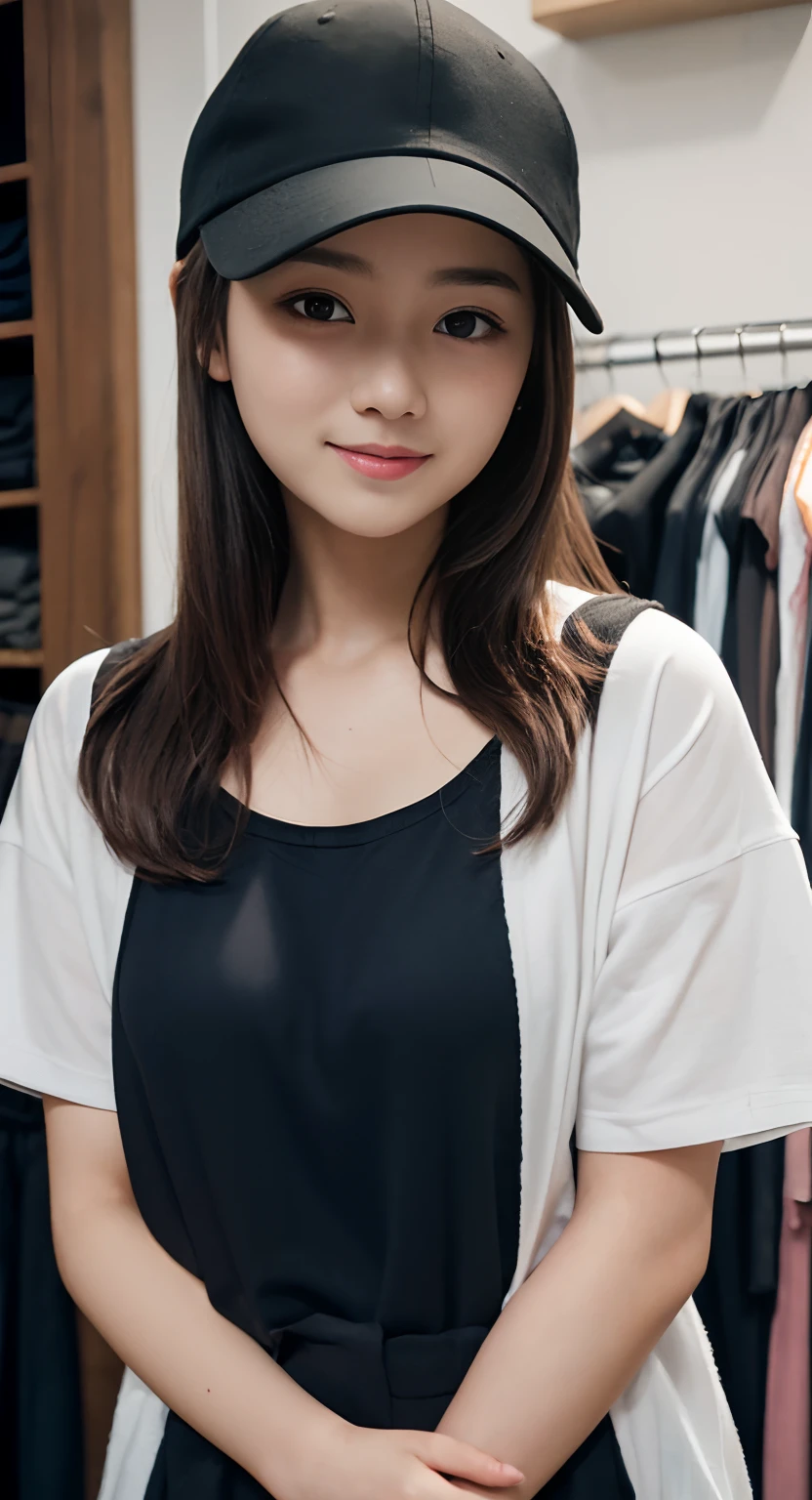 (top-quality、masterpiece:1.2)、Best Quality、realisitic、photoshot、hight resolution、1080p、8K、Textured skin、Physical Rendering、1 Japan Girls、High school students、kawaii、Young Face、Rolled hair、(Apparel Shop:1.5)、Autumn outfit、full of shyness、smil、Big