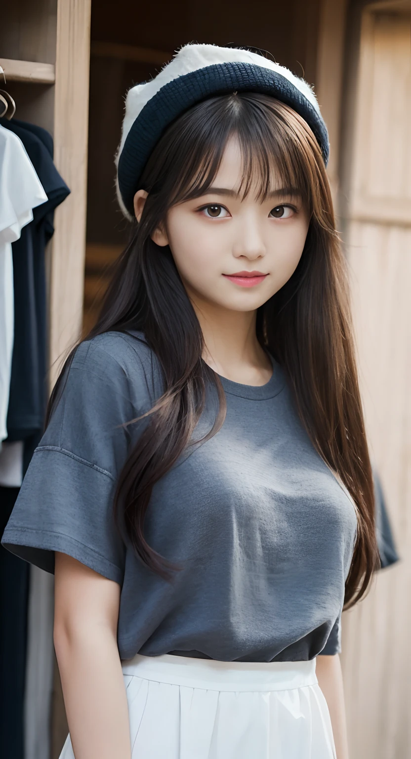 (top-quality、masterpiece:1.2)、Best Quality、realisitic、photoshot、hight resolution、1080p、8K、Textured skin、Physical Rendering、1 Japan Girls、High school students、kawaii、Young Face、Rolled hair、(Apparel Shop:1.5)、Autumn outfit、full of shyness、smil、Big