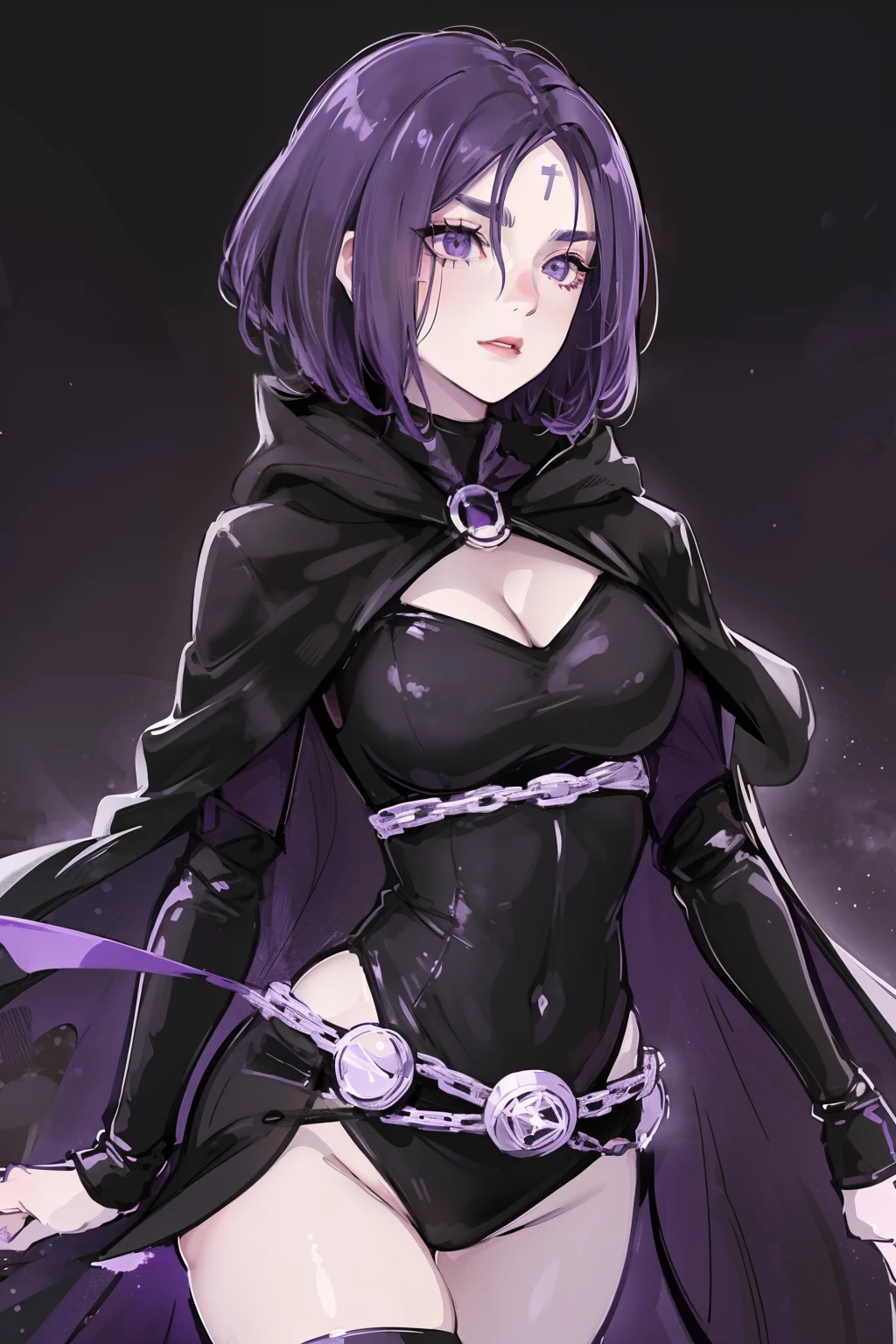 1girl, raven, black leotard, black cape, hood, purple hair, forehead jewel, purple eyes, short hair, belt, skin tight, standing, cleavage, toned, breasts, pose, night, moonlight, ((posing)), motion lines, torso, upper body, portrait, b&w. outline,