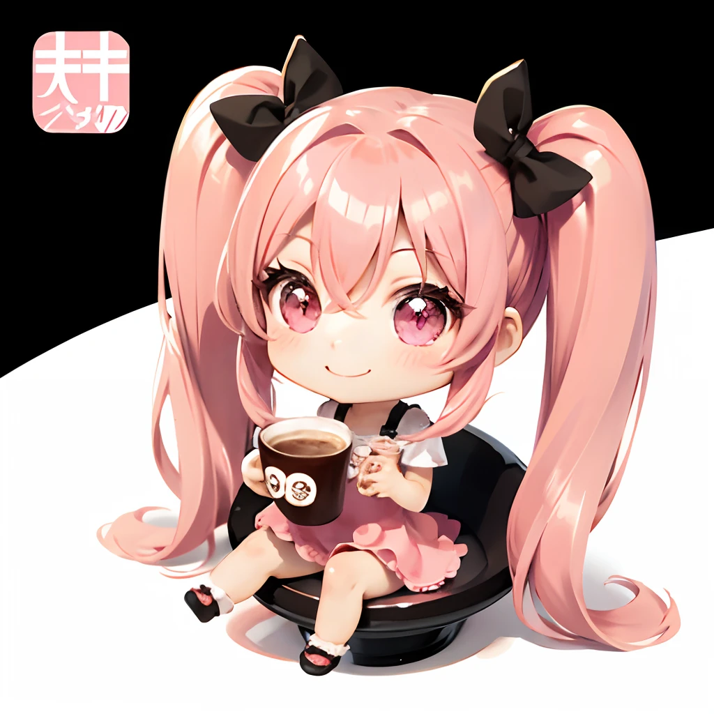 Cute chibi anime sitting in a coffee cup, long pink hair with twin tails、Wear a hot pink mini dress, Smiling, Logo is cheap