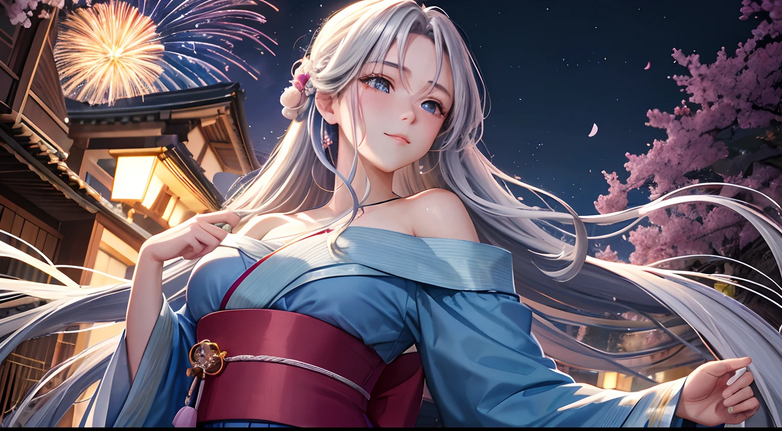 A night scene in Kyoto during the Sakura festival. A beautiful woman with long, braided white hair and piercing blue eyes. Her hair billows in the night breeze, cascading around her like a silvery waterfall. She's dressed in an off-shoulder, royal blue yukata, gracefully revealing a hint of her shoulder. All around her, Sakura petals float in the air, creating a mesmerizing atmosphere. In the distance, fireworks light up the night sky, adding to the enchantment of the moment. Her expression is one of serene joy, with a gentle smile gracing her lips.