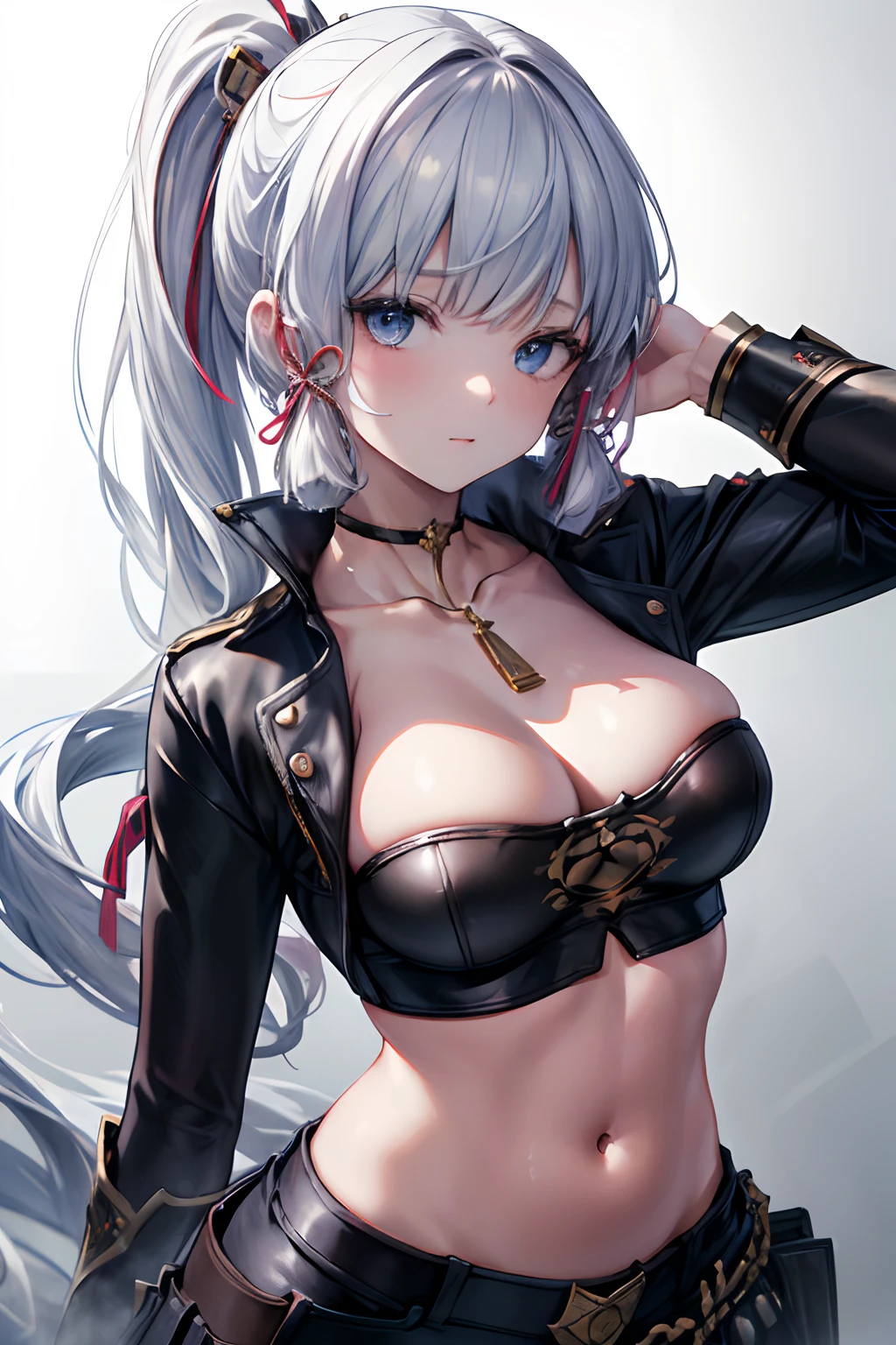 (((Masterpiece))), (portrait), diffused light, dynamic shadows, sharp focus, realistic, detailed, highres, absurdres, anatomically correct, seductive face, white background, torn clothes, looking to the side, black choker, belly button, medium breast
