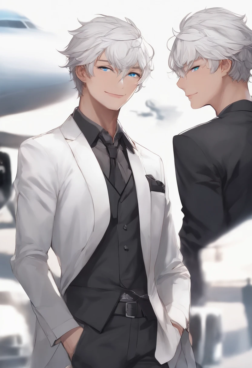Side dorsal head, eBlue eyes, cool guy, White hair, Seductive smile, hyper HD, blacksuit, white skinned, Persona diagram, The upper part of the body, Pan, High detail