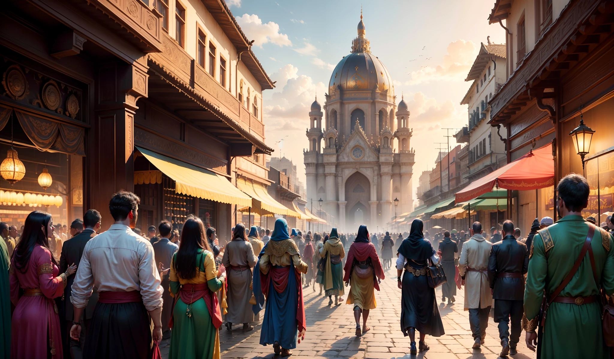 a cidade de uruk em seus dias de gloria(best quality,4k,8k,highres,masterpiece:1.2),ultra-detailed,(realistic,photorealistic,photo-realistic:1.37),historic landscape,ancient cityscape,vibrant colors,beautiful detailed buildings,golden glow,detailed texture,shining river,grandiose temples,tall walls,palace with intricate carvings,crowded marketplace,bustling streets,royal procession,people in traditional attire,elaborate sculptures,impressive gateways,ornate decorations,ceremonial rituals,celebratory atmosphere