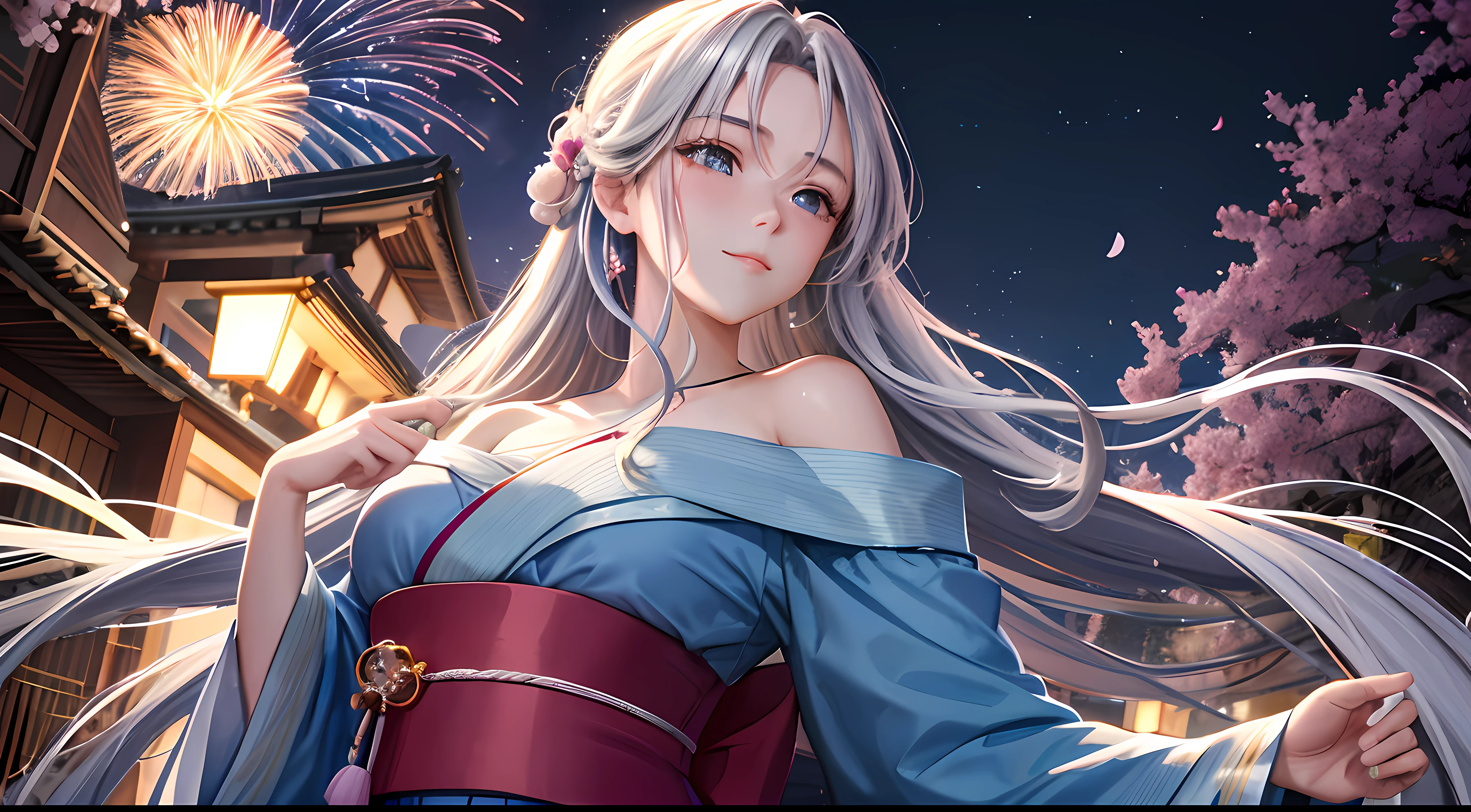 A night scene in Kyoto during the Sakura festival. A beautiful woman with long, braided white hair and piercing blue eyes. Her hair billows in the night breeze, cascading around her like a silvery waterfall. She's dressed in an off-shoulder, royal blue yukata, gracefully revealing a hint of her shoulder. All around her, Sakura petals float in the air, creating a mesmerizing atmosphere. In the distance, fireworks light up the night sky, adding to the enchantment of the moment. Her expression is one of serene joy, with a gentle smile gracing her lips.