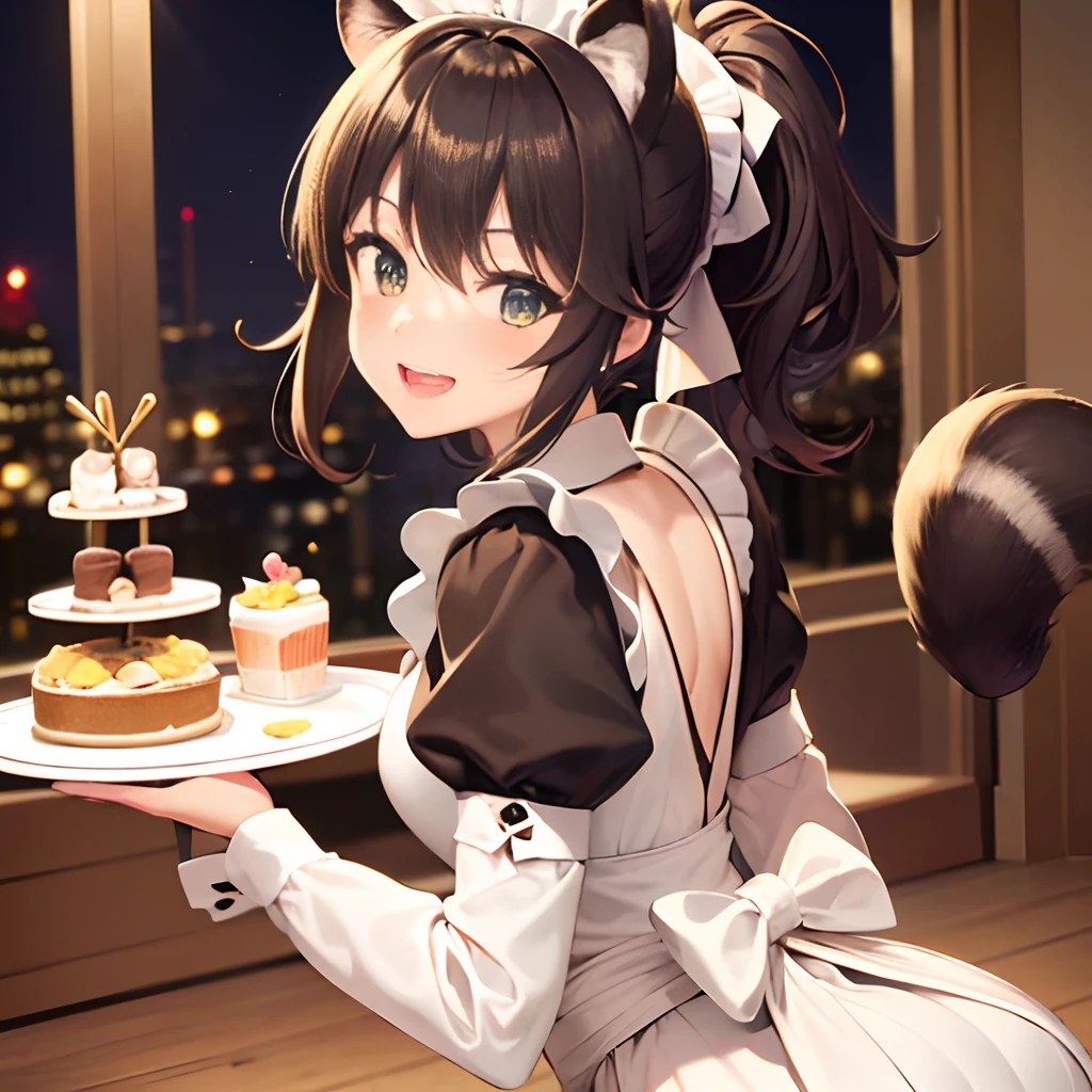 {{{{{masterpiece,Best Quality,ultra-detail,8k,}}}}},Happy laugh,1 woman,Beautiful eyes,Cute face,beautiful ponytail hairstyle,beautiful raccoon dog Maid costume,raccon tail accessory,Walking,have Cute cakes on tray,beautiful sepia cafe background,twilight time,