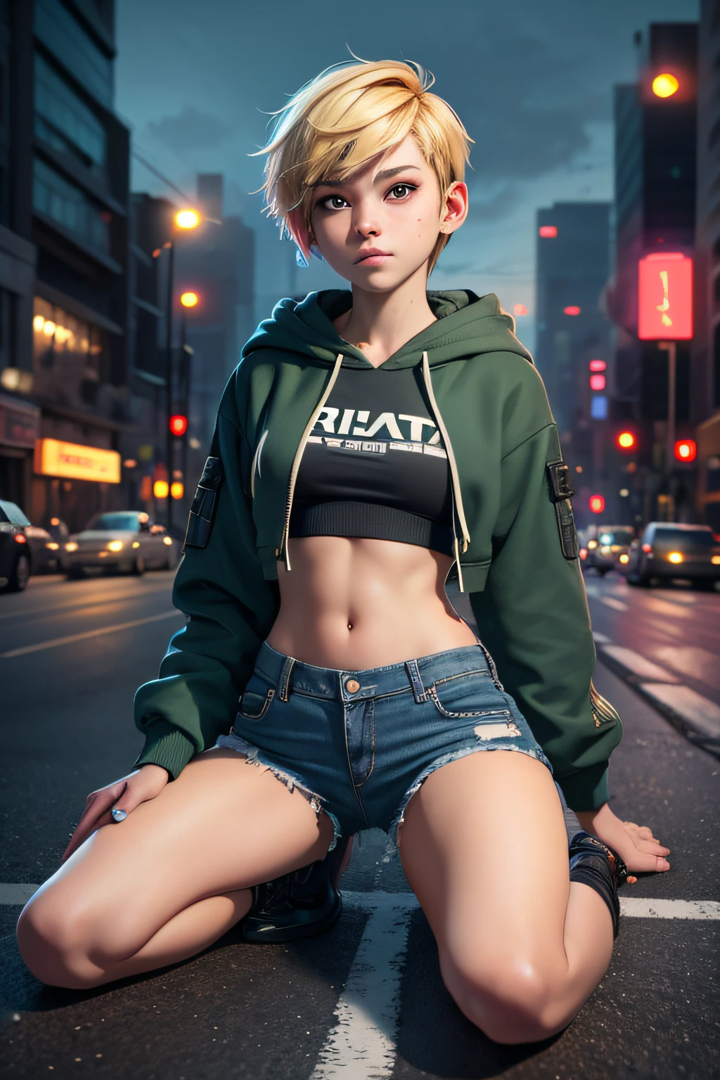 nsfw, Riot, cyberpunk, short hair, blonde hair,  girl, 16 years old, laying on the asphalt, on the ground, open legs, denim shorts , wearing hoodie, open green hoodie, small tits, beautiful innocent face, holding a rifle:1.5, city street, cyberpunk, neon lights in the dark, city on the background is burning, 16k, photorealistic, real photo, nikon d800