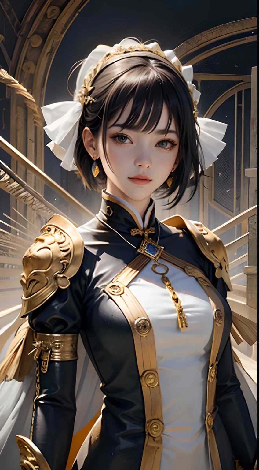 （tmasterpiece，top Quority，best qualtiy，offcial art，Beautiful and aesthetic：1.2），（1girl huge large breasts），waist - up，Tang suit，Hanfu，cyber punk style，mechs，Extremely detailed，Colorful，highestdetailed，offcial art，统一 8k 壁纸，ultra-detailliert，Beautiful and aesthetic，beatifull，tmasterpiece，best qualtiy，（Zentangle，a Mandala，Tangles，Entangled），Sacred Radiance，gold foil，Gold leaf art，glitter drawing，PerfectNwsjMajic、a pixie cut